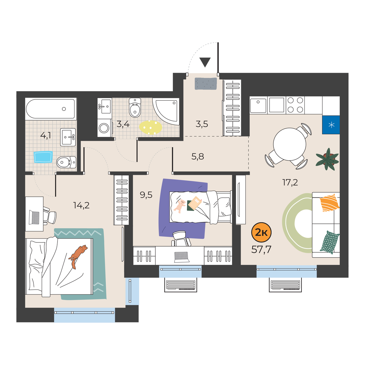 Планировка: Евротрешка 57.7 м² в ЖК Корней, Южный