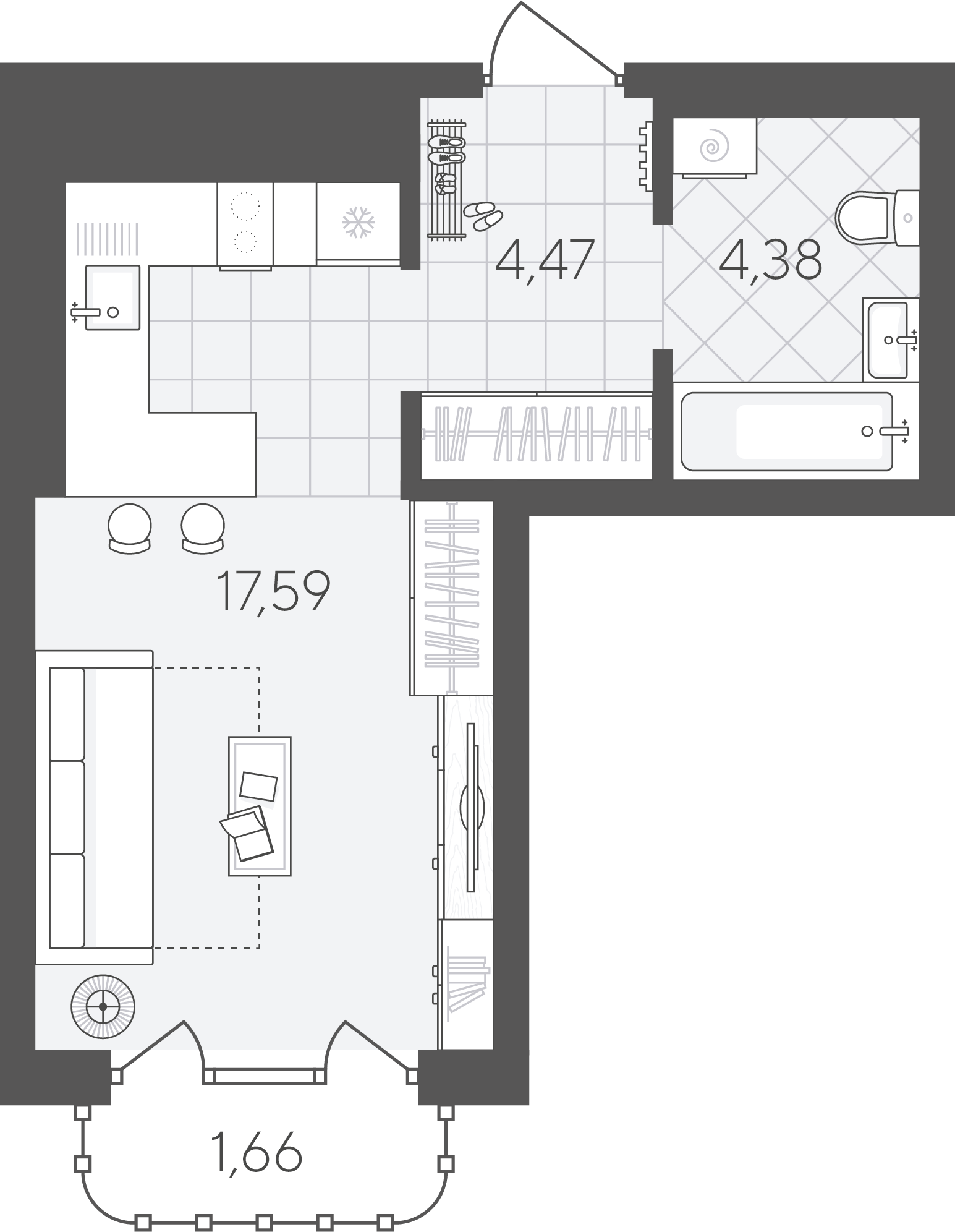 Планировка: Студия 28.1 м² в ЖК Скандиа. Квартал в Слободе, Тюменская слобода
