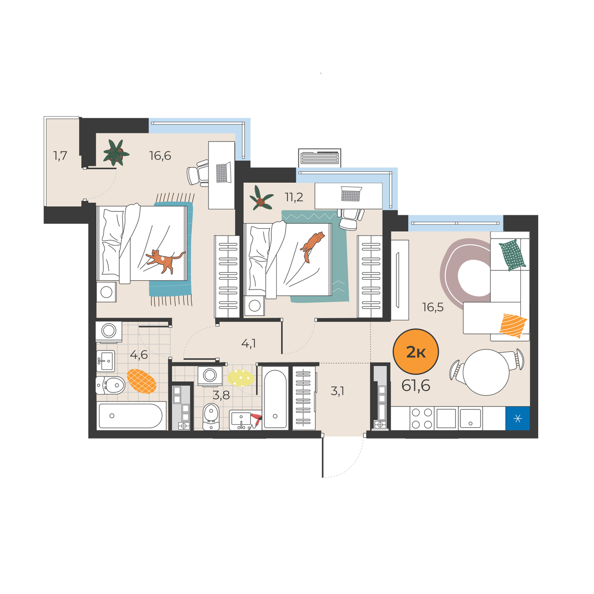 Планировка: Евротрешка 59.9 м² в ЖК Корней, Южный