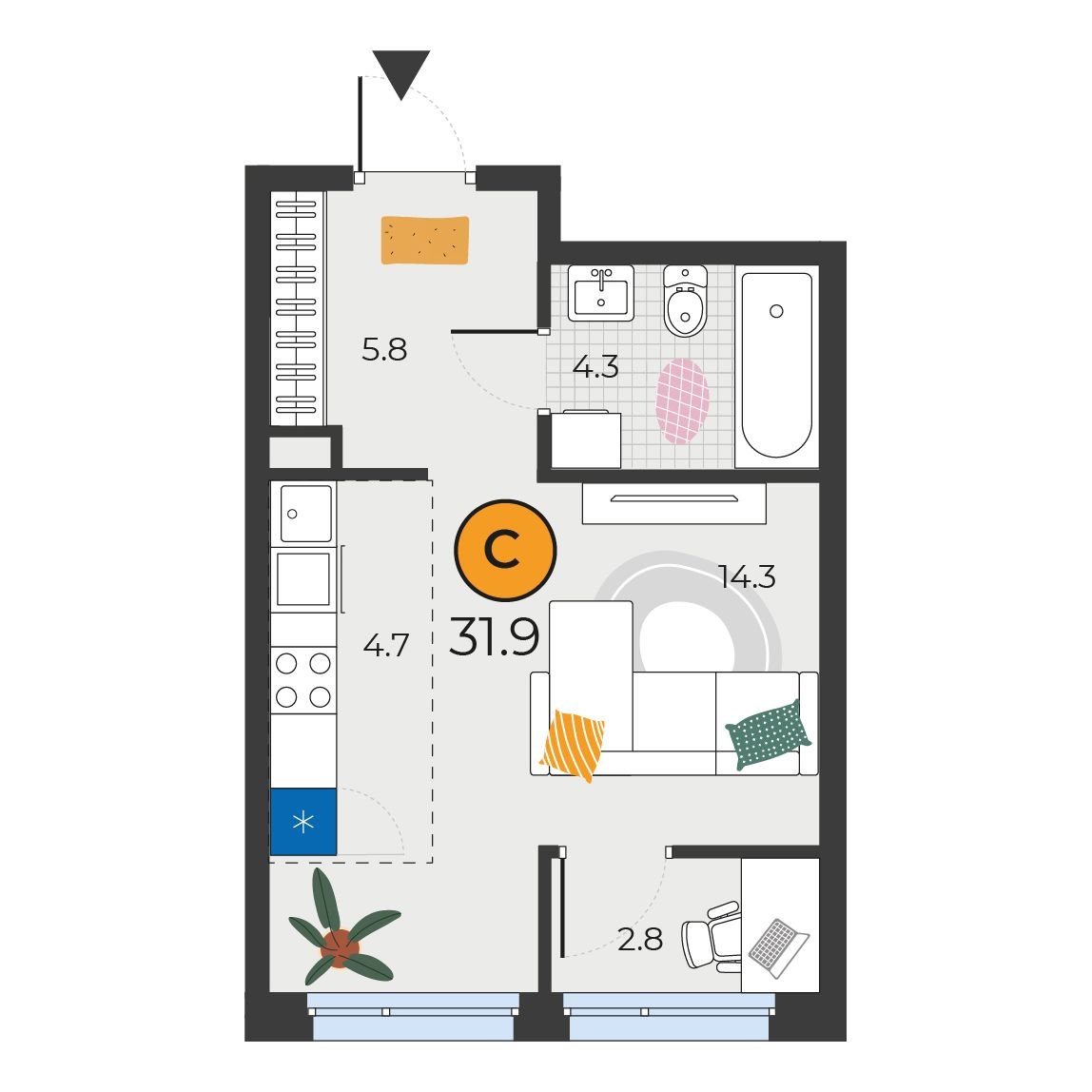 Планировка: Студия 31.9 м² в ЖК Корней, Южный