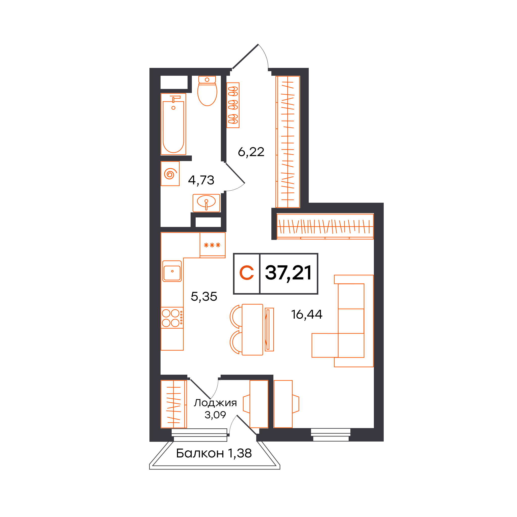 Планировка: Студия 37.2 м² в ЖК Отличие, Комарово Парк