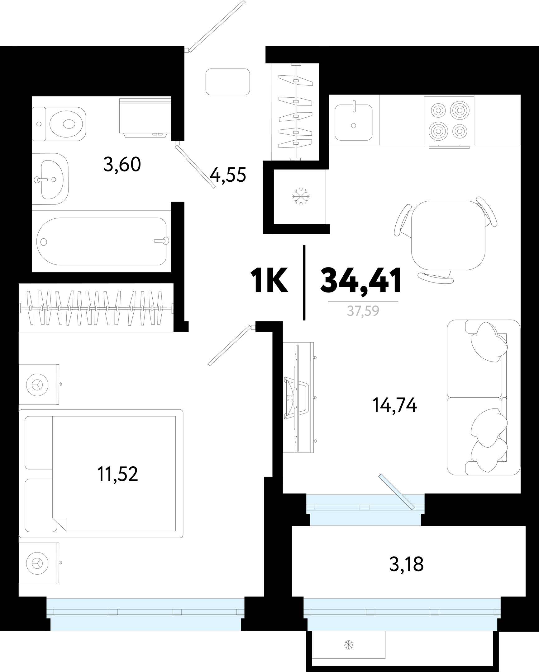 Планировка: Евродвушка 34.4 м² в ЖК Символ, Комарово Парк