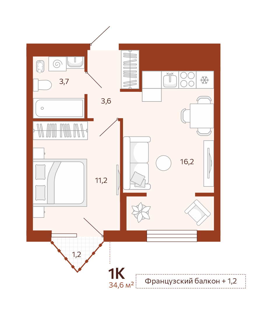 Планировка: Евродвушка 35.8 м² в ЖК Новатор, Центр: КПД