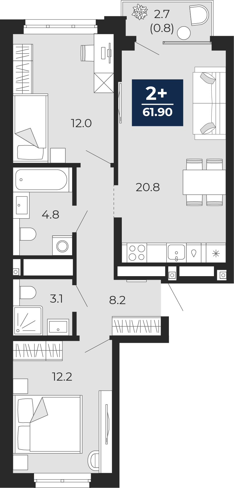 Планировка: Евротрешка 61.1 м² в ЖК Мириады, Мыс