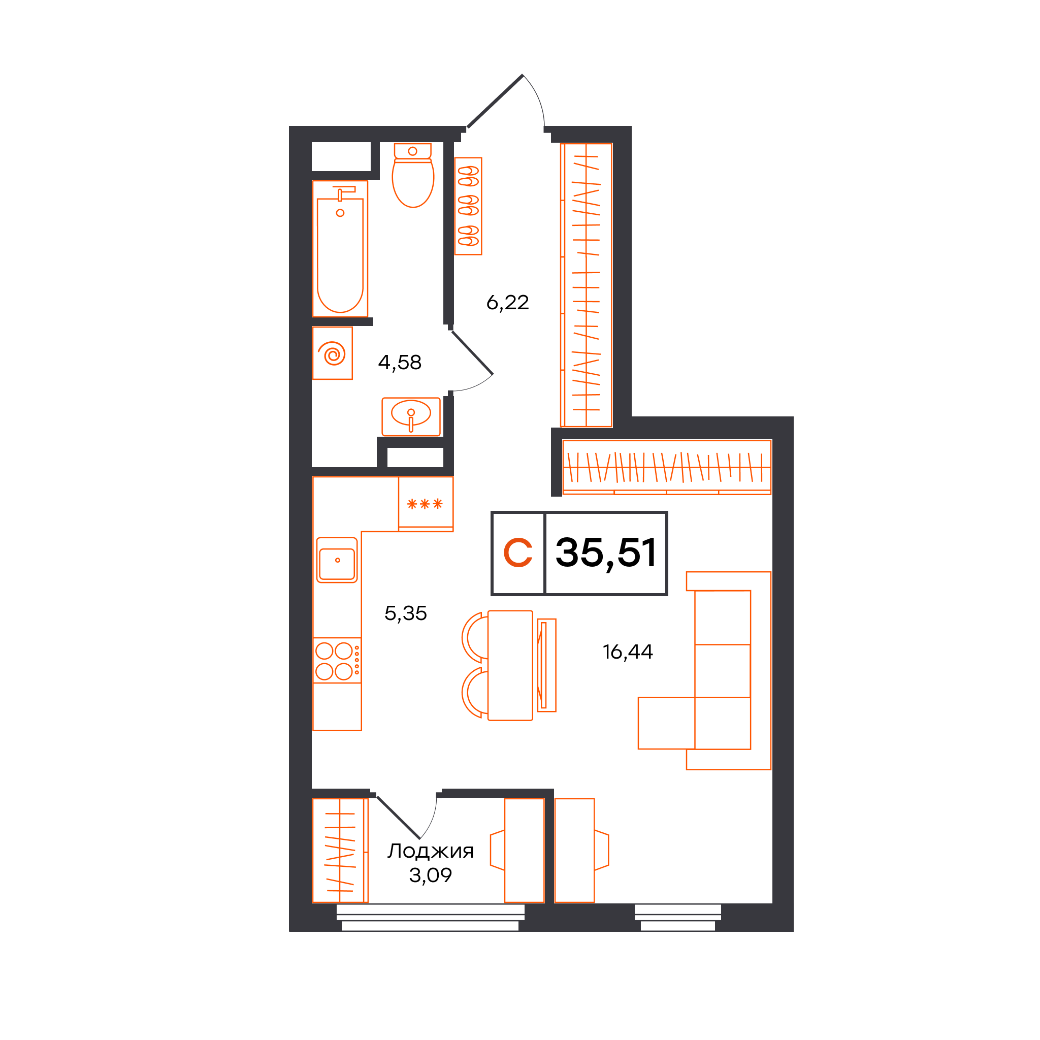 Планировка: Студия 35.5 м² в ЖК Отличие, Комарово Парк