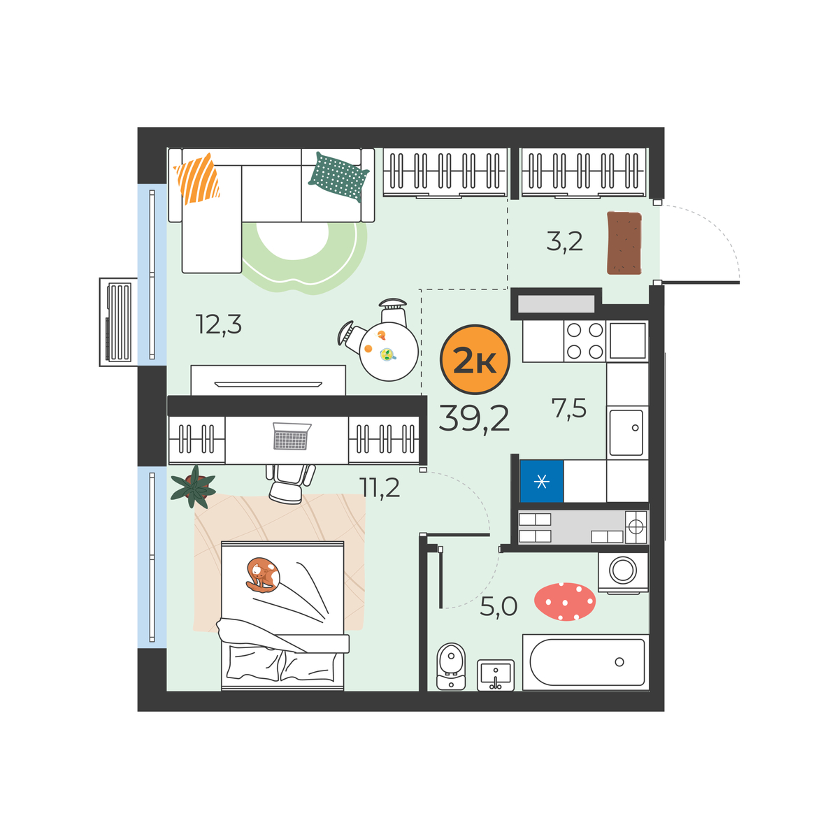 Планировка: Евродвушка 39.2 м² в ЖК Корней, Южный