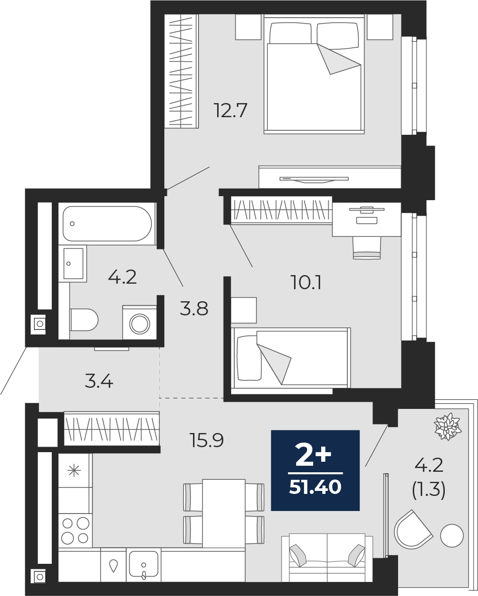 Планировка: Евротрешка 50.1 м² в ЖК Мириады, Мыс
