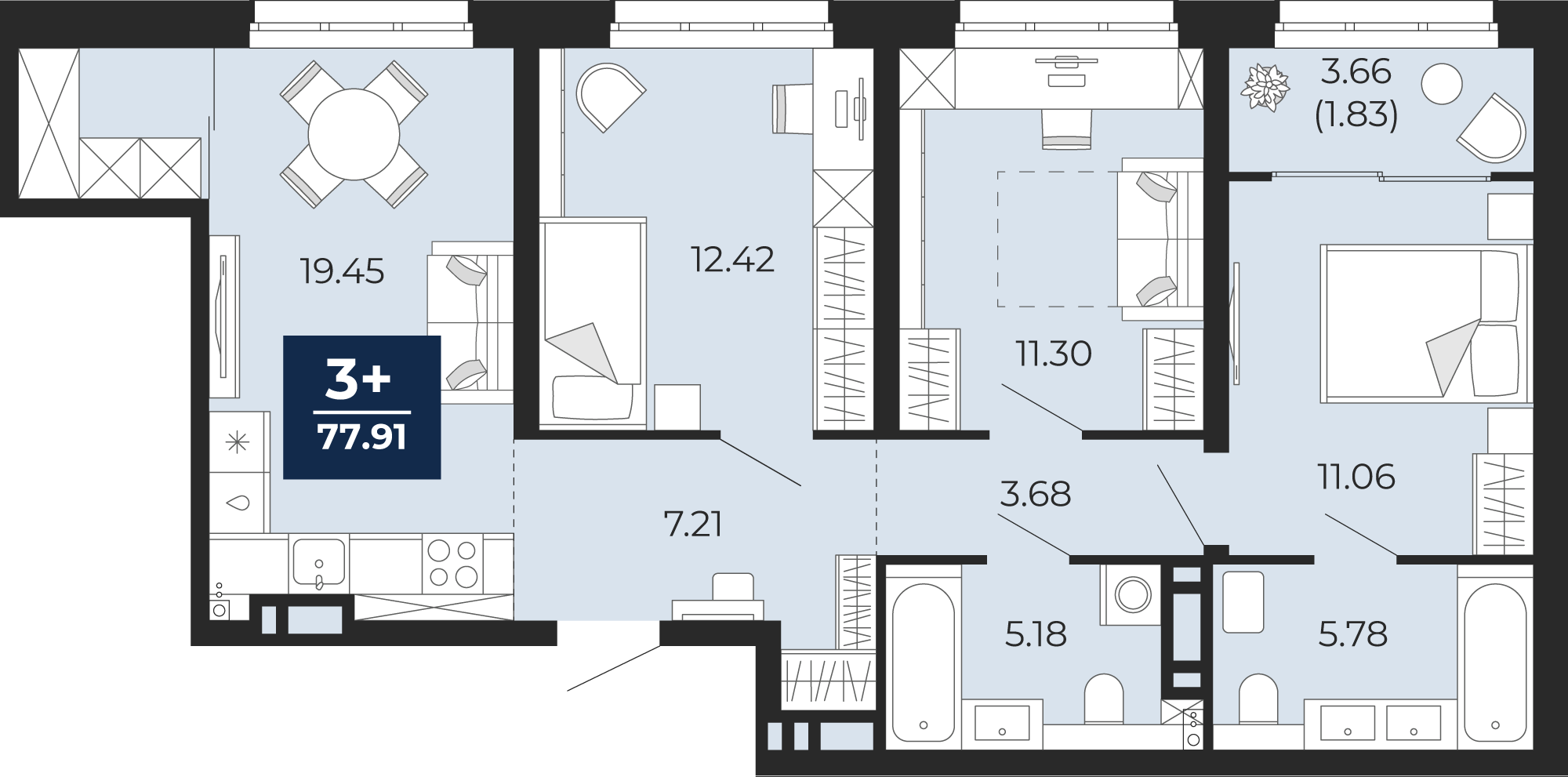 Планировка: 4-комнатная евро 76.1 м² в ЖК Беринг, Лесобаза