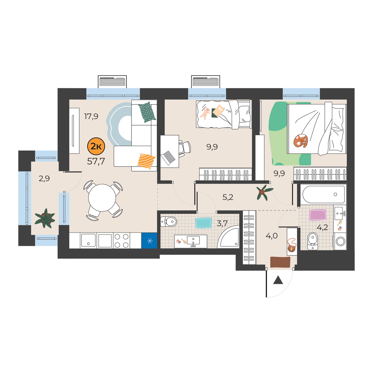 Планировка: Евротрешка 55.7 м² в ЖК Корней, Южный