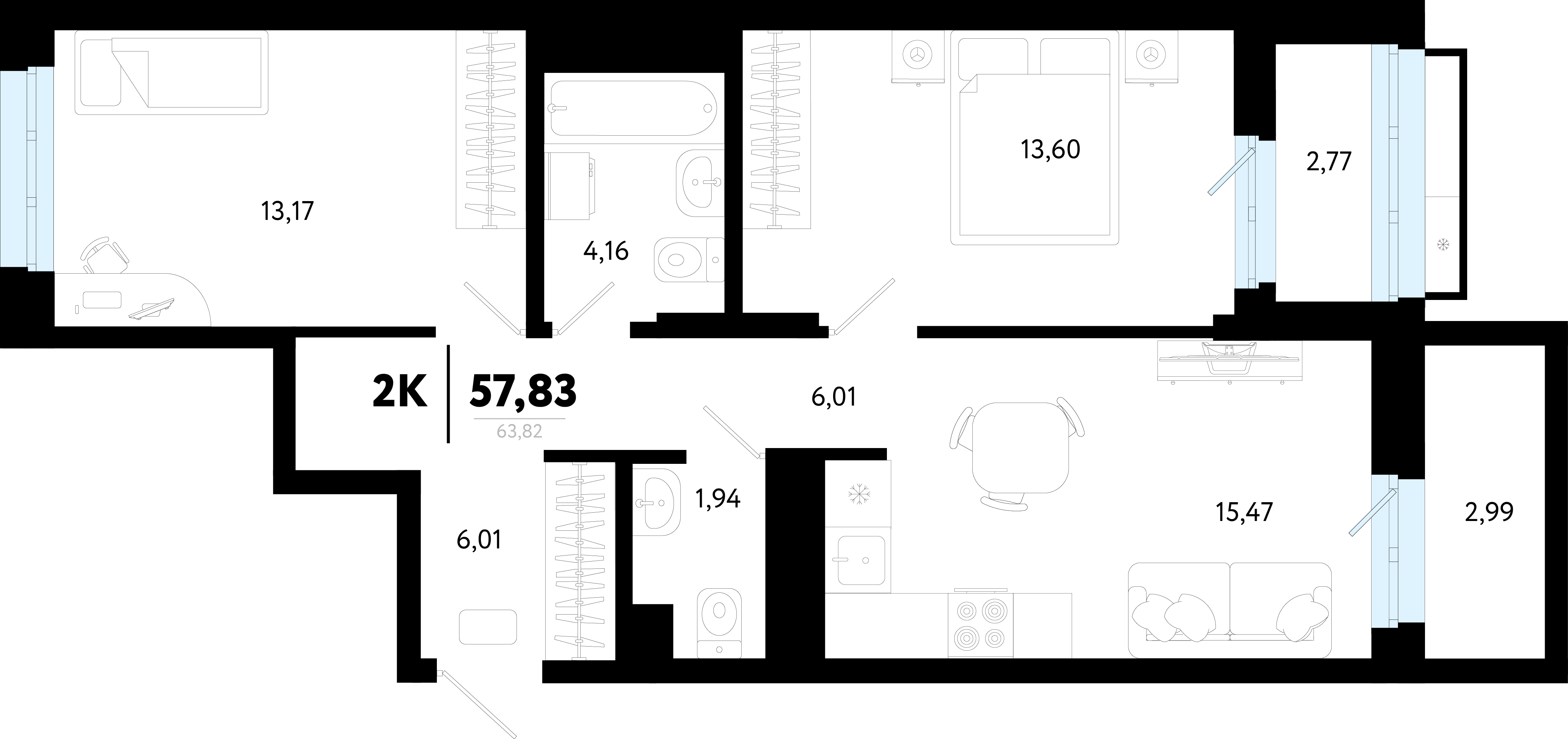 Планировка: Евротрешка 57.8 м² в ЖК Символ, Комарово Парк