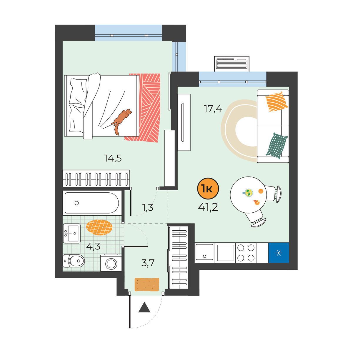 Планировка: Евродвушка 41.2 м² в ЖК Корней, Южный