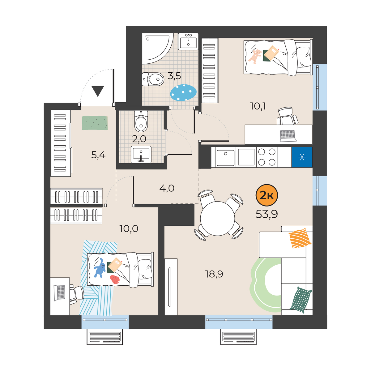 Планировка: Евротрешка 53.9 м² в ЖК Корней, Южный