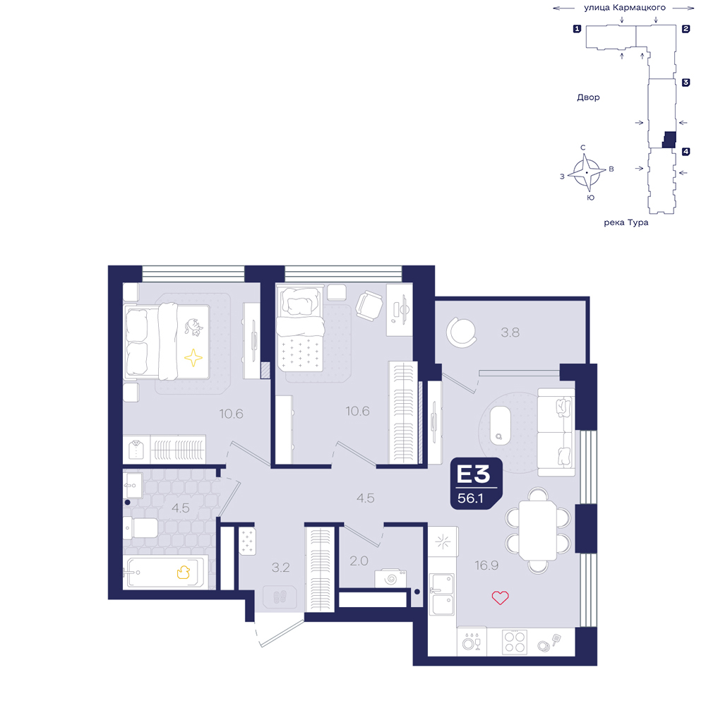 Планировка: Евротрешка 56.1 м² в ЖК Космо, 5-й Заречный