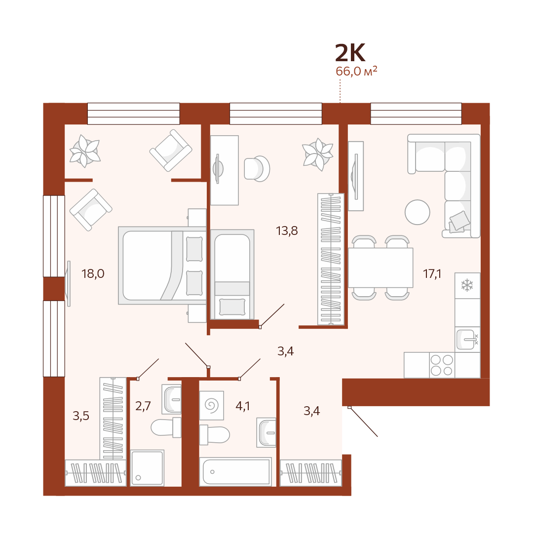 Планировка: Евротрешка 66 м² в ЖК Новатор, Центр: КПД