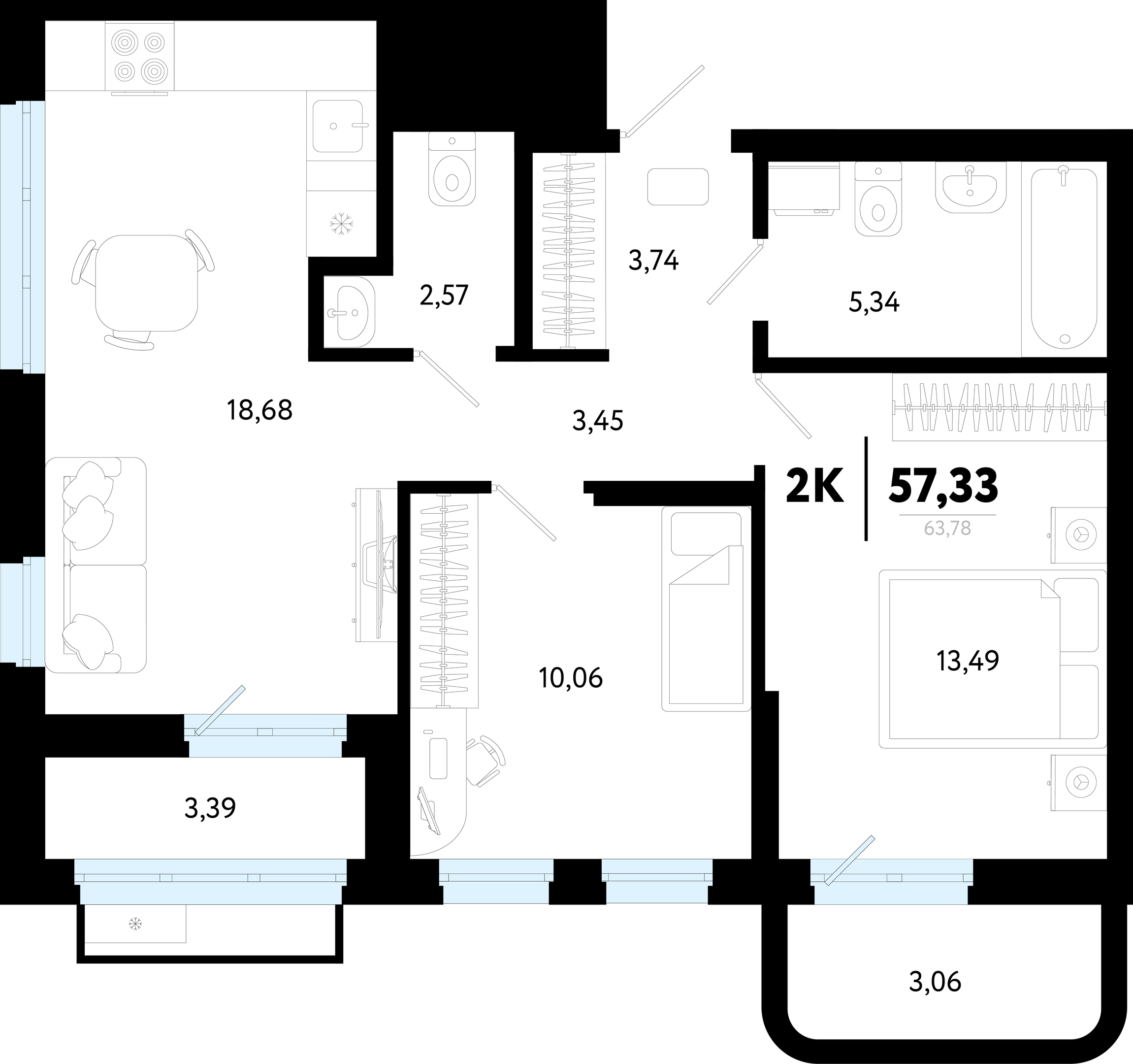 Планировка: Евротрешка 57.3 м² в ЖК Символ, Комарово Парк