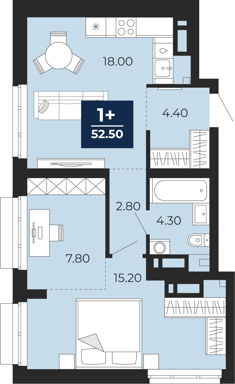 Планировка: Евродвушка 52.5 м² в ЖК Айвазовский, 5-й Заречный