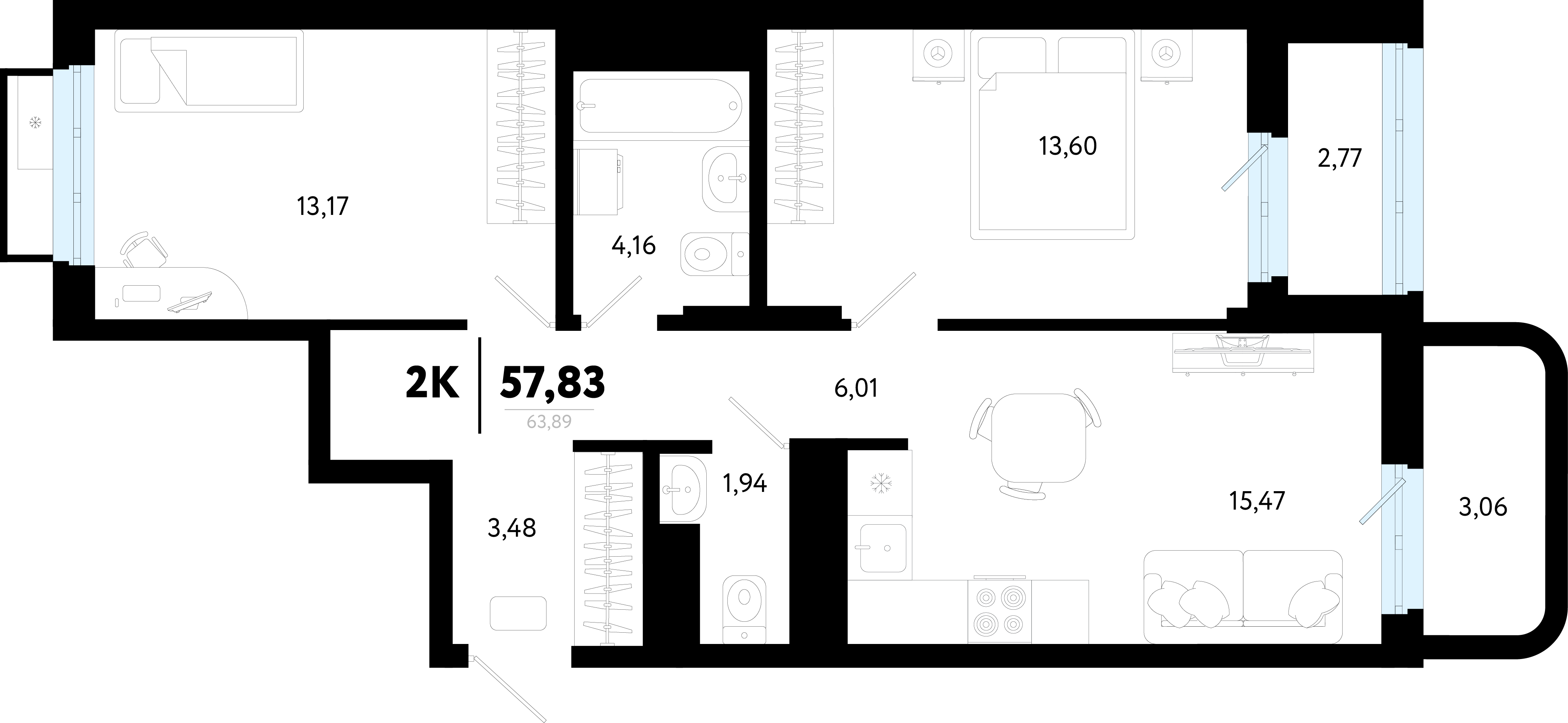 Планировка: Евротрешка 57.8 м² в ЖК Символ, Комарово Парк