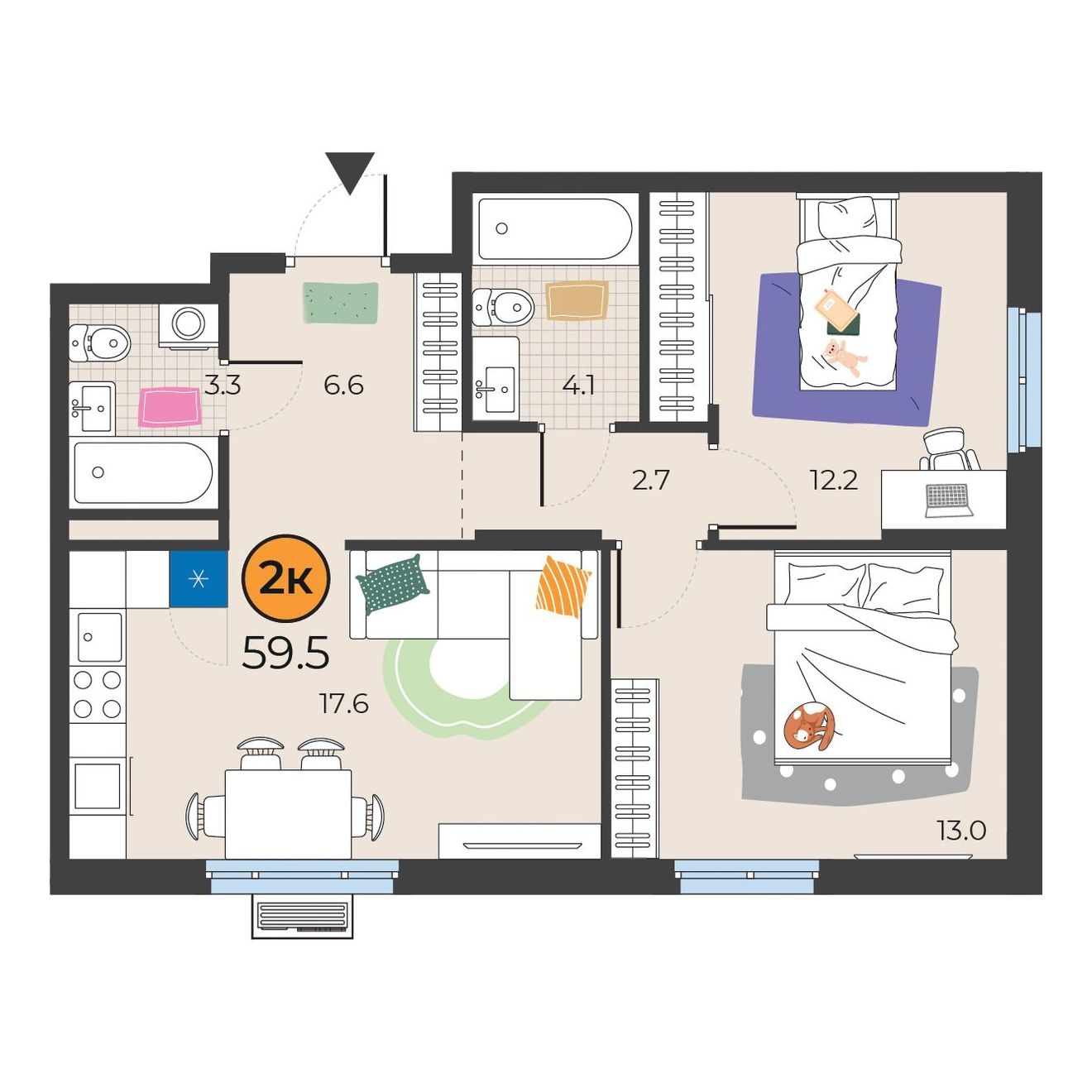Планировка: Евротрешка 59.5 м² в ЖК Корней, Южный
