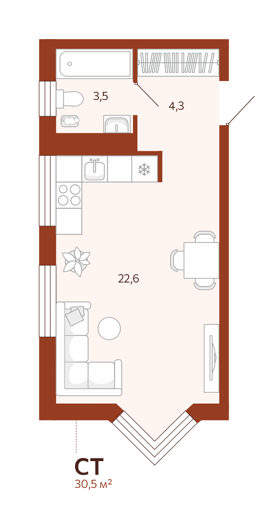 Планировка: Студия 30.4 м² в ЖК Новатор, Центр: КПД