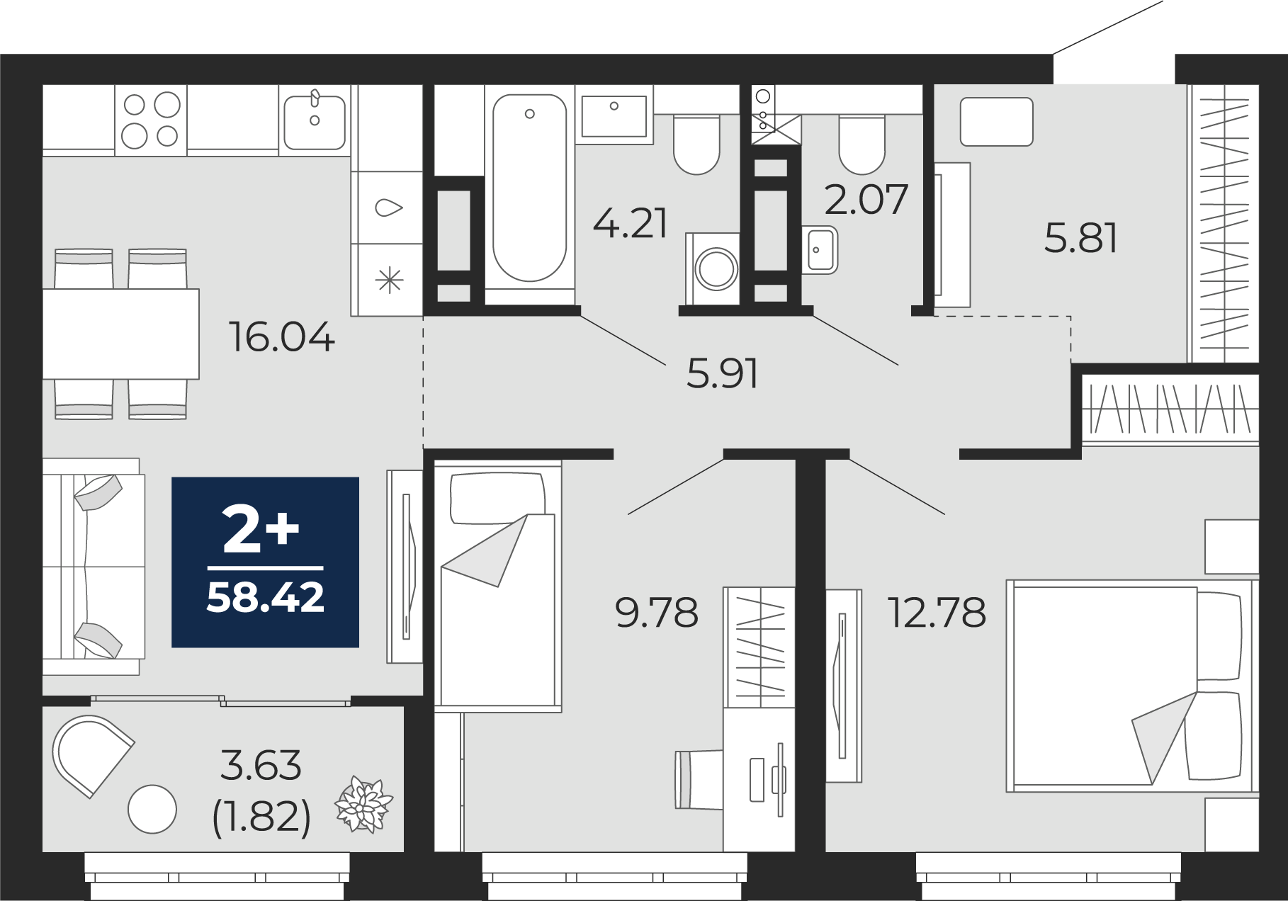 Планировка: Евротрешка 56.6 м² в ЖК Беринг, Лесобаза