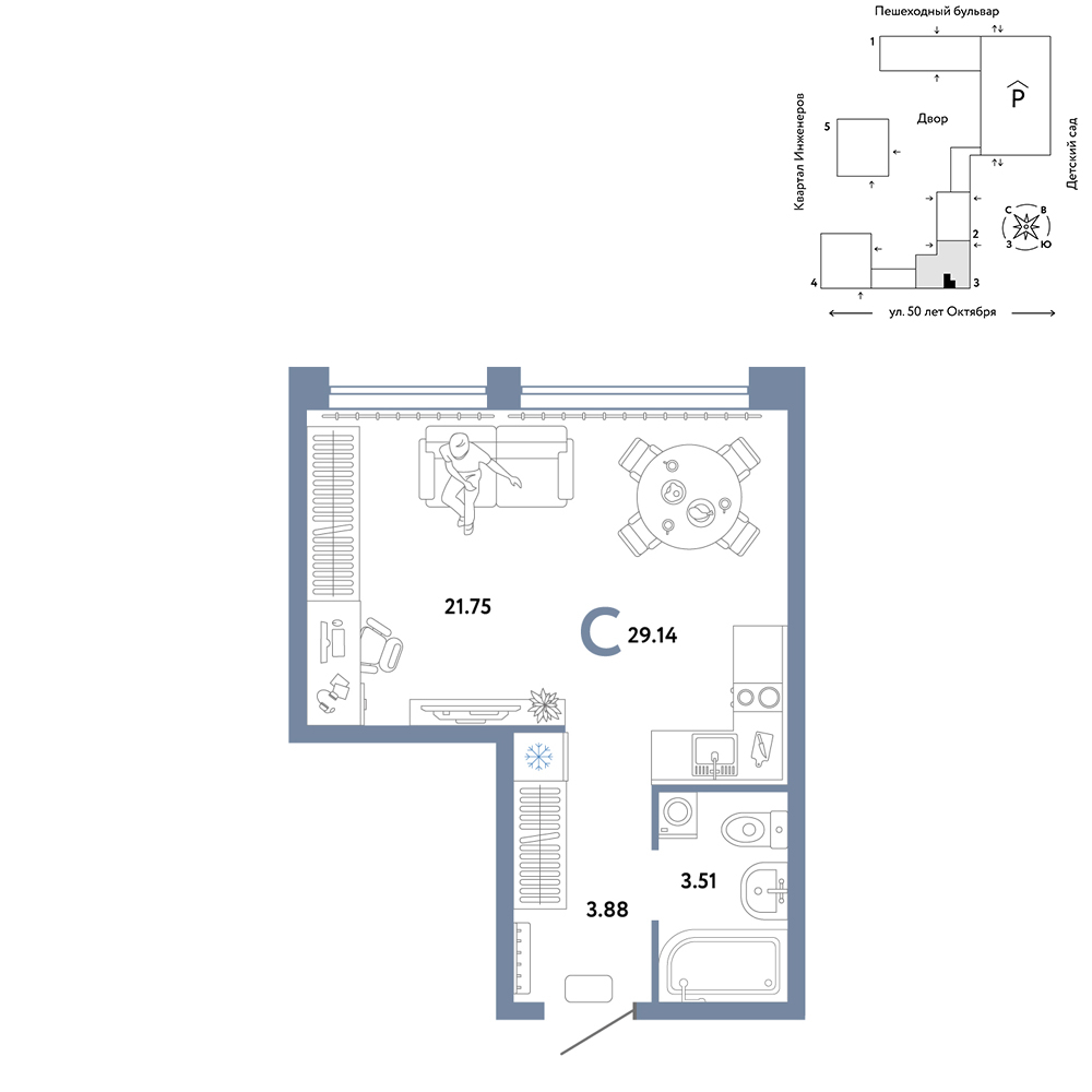 Планировка: Студия 29.1 м² в ЖК Сердце Сибири, Центр: КПД