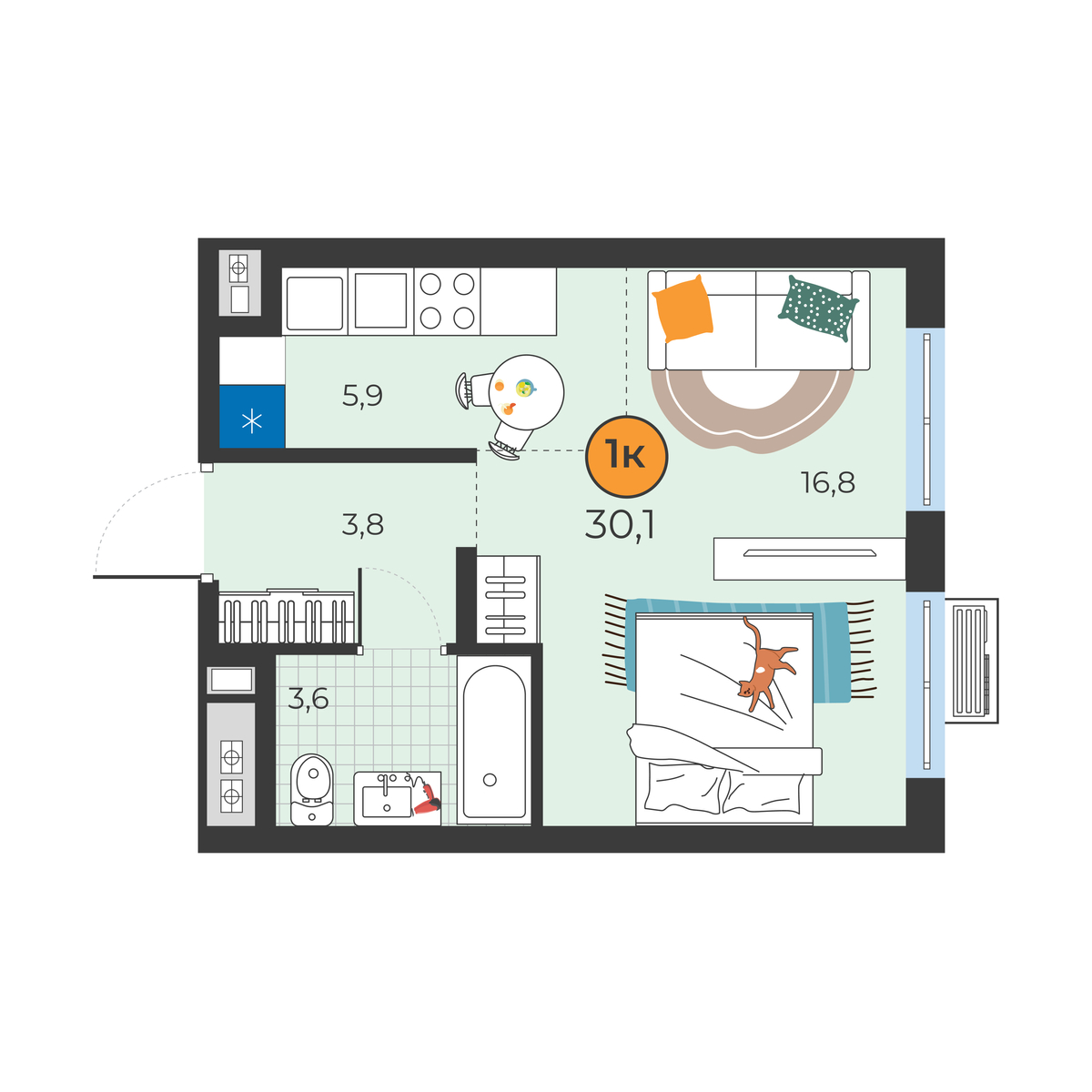 Планировка: Студия 30.1 м² в ЖК Корней, Южный