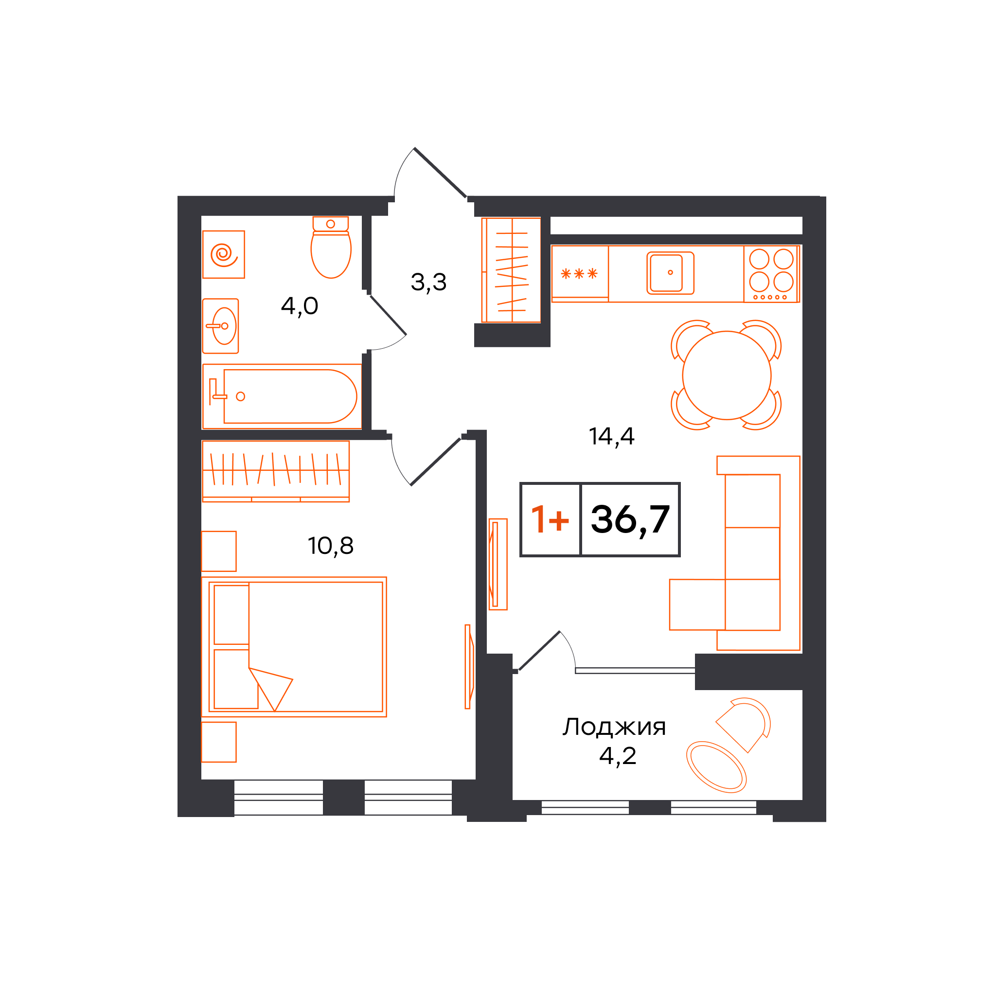 Планировка: Евродвушка 36.7 м² в ЖК Умный квартал UNO, Московский тракт