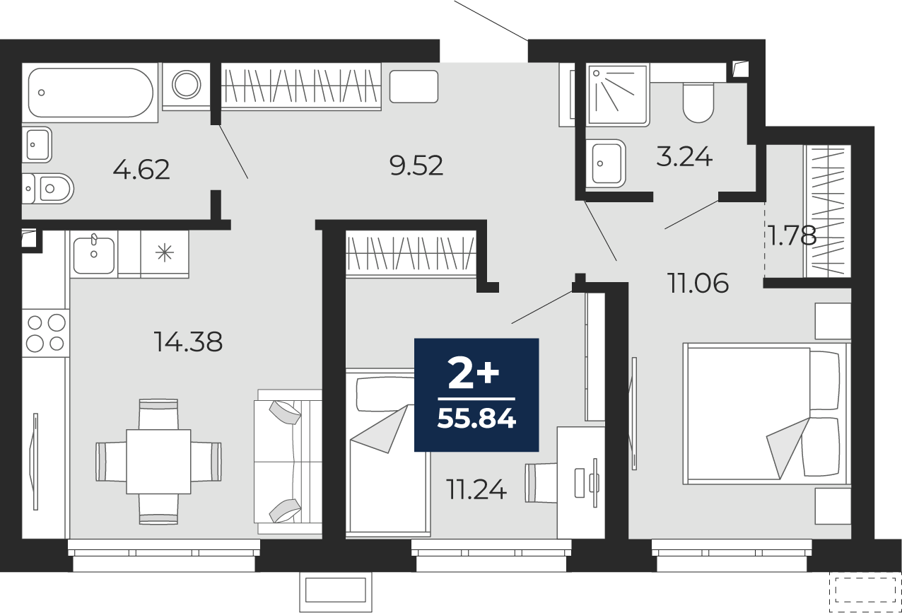 Планировка: Евротрешка 55.8 м² в ЖК Беринг, Лесобаза