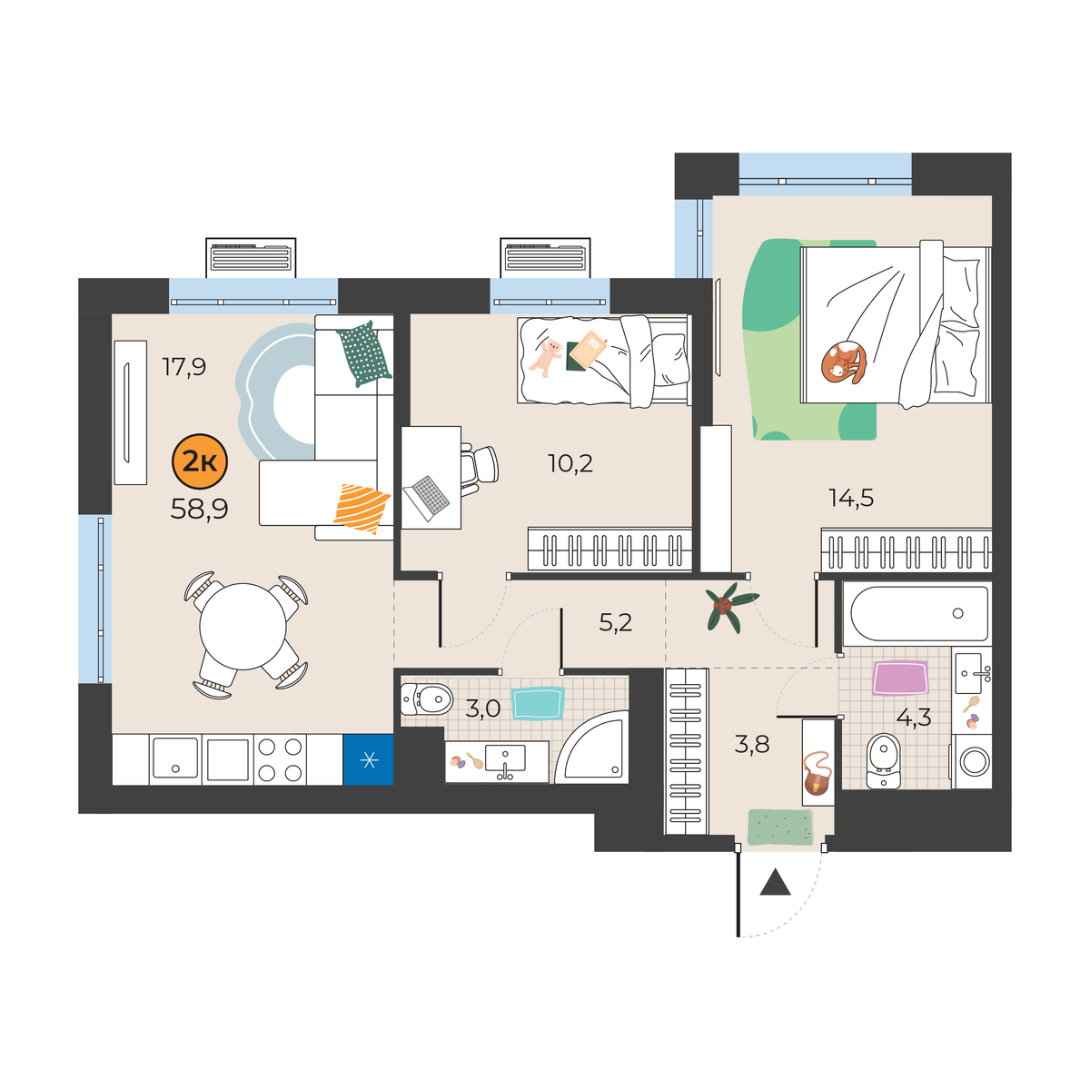 Планировка: Евротрешка 58.9 м² в ЖК Корней, Южный