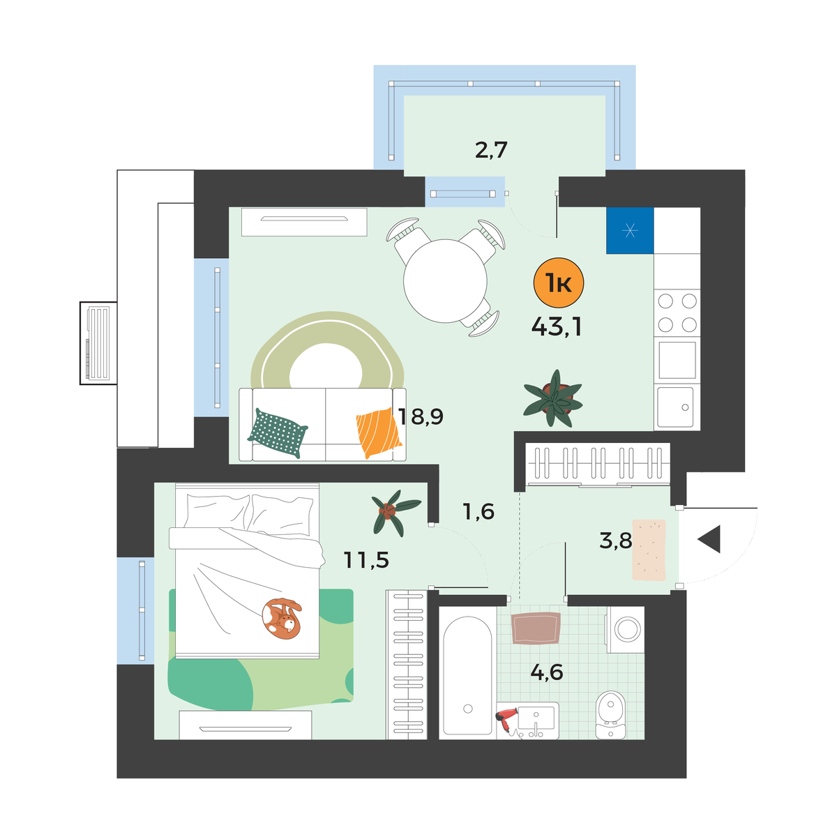 Планировка: Евродвушка 41.2 м² в ЖК Корней, Южный