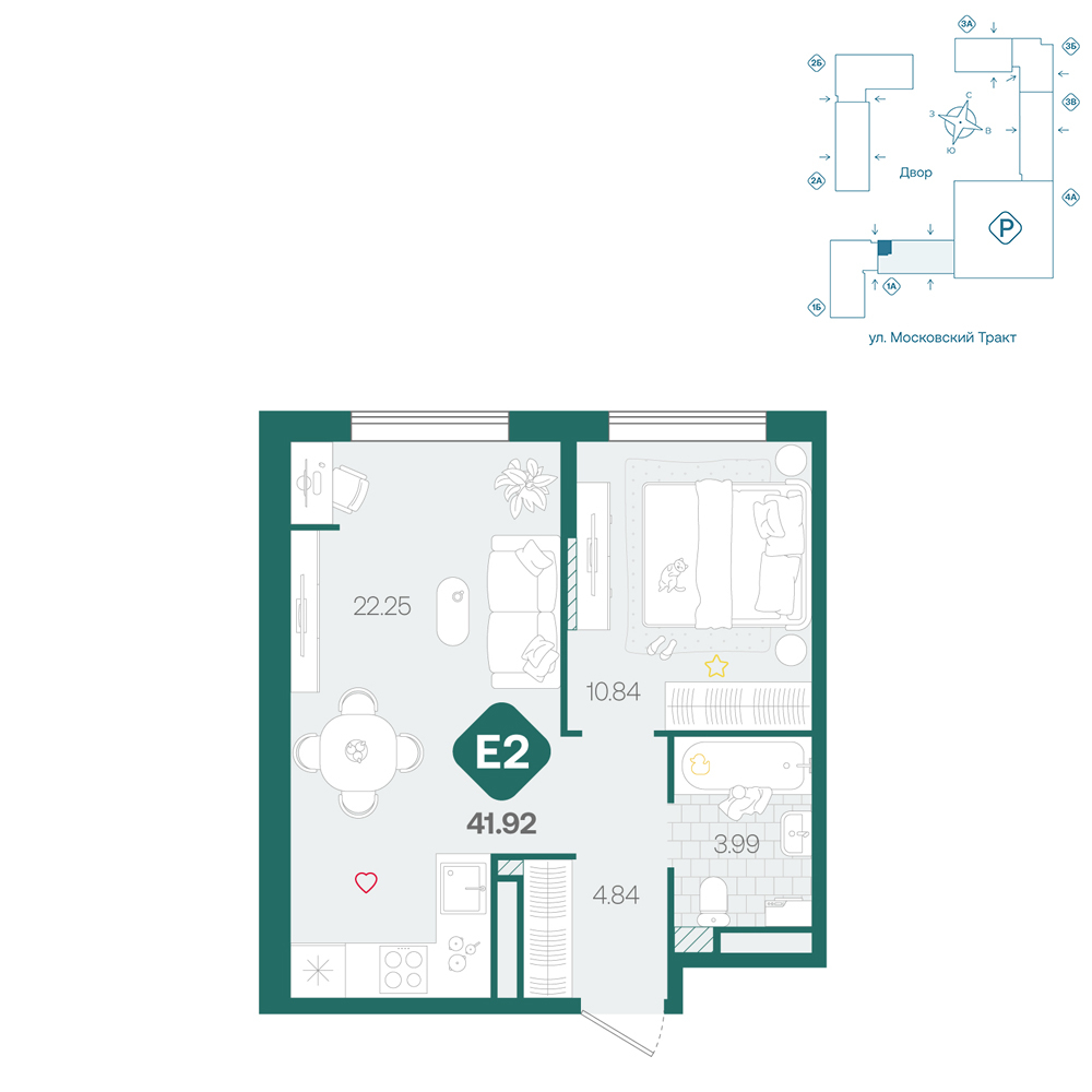 Планировка: Евродвушка 41.9 м² в ЖК Сибирский, Московский тракт