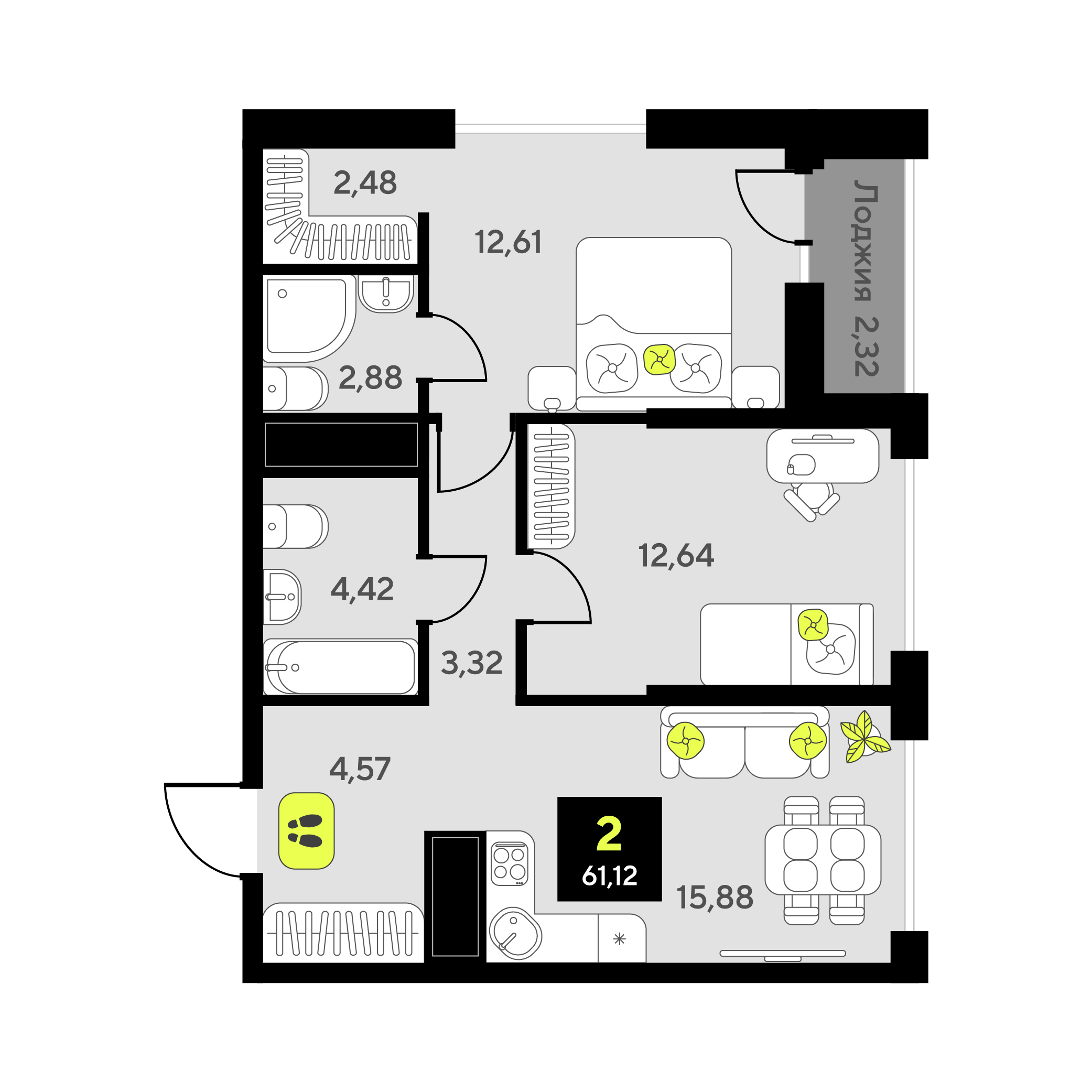 Планировка: Евротрешка 61.1 м² в ЖК Мотивы, От Плеханова до Южного