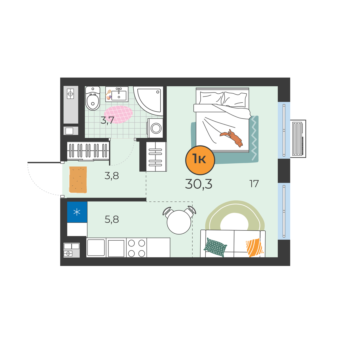 Планировка: Студия 30.3 м² в ЖК Корней, Южный