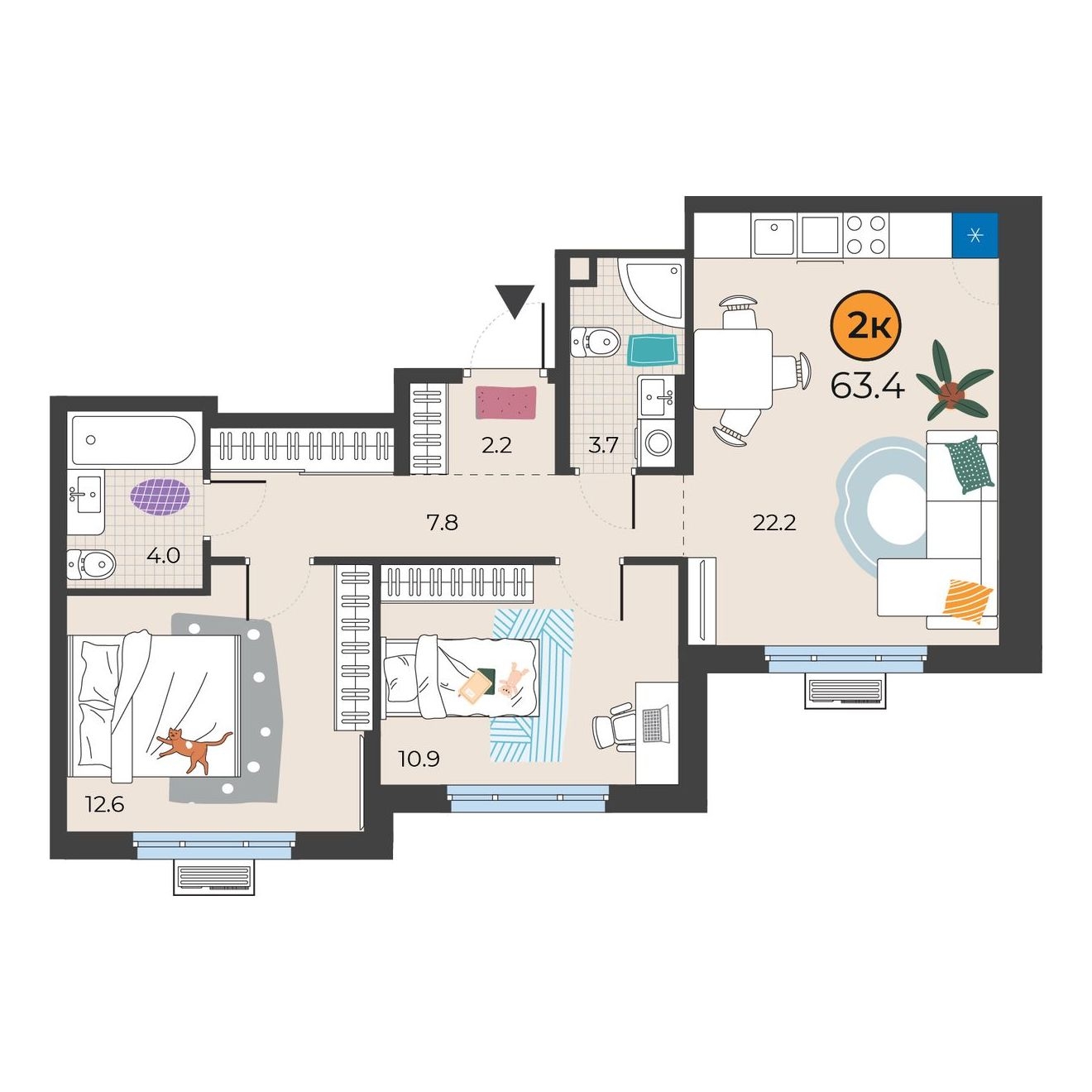 Планировка: Евротрешка 63.4 м² в ЖК Корней, Южный
