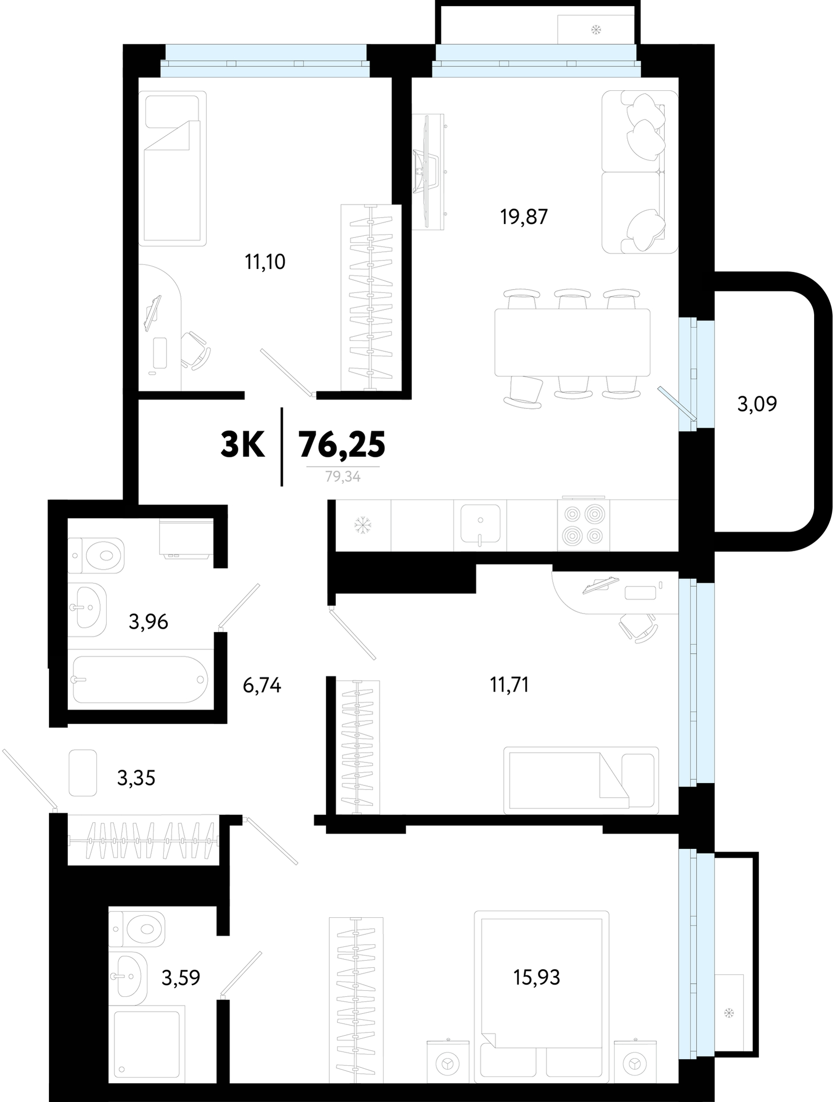 Планировка: 4-комнатная евро 76.2 м² в ЖК Символ, Комарово Парк