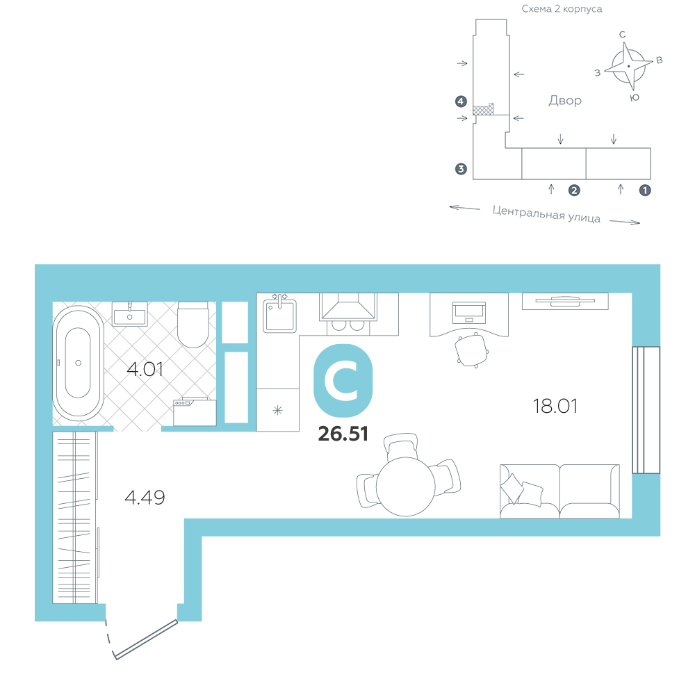 Планировка: Студия 26.5 м² в ЖК Крылья, Область