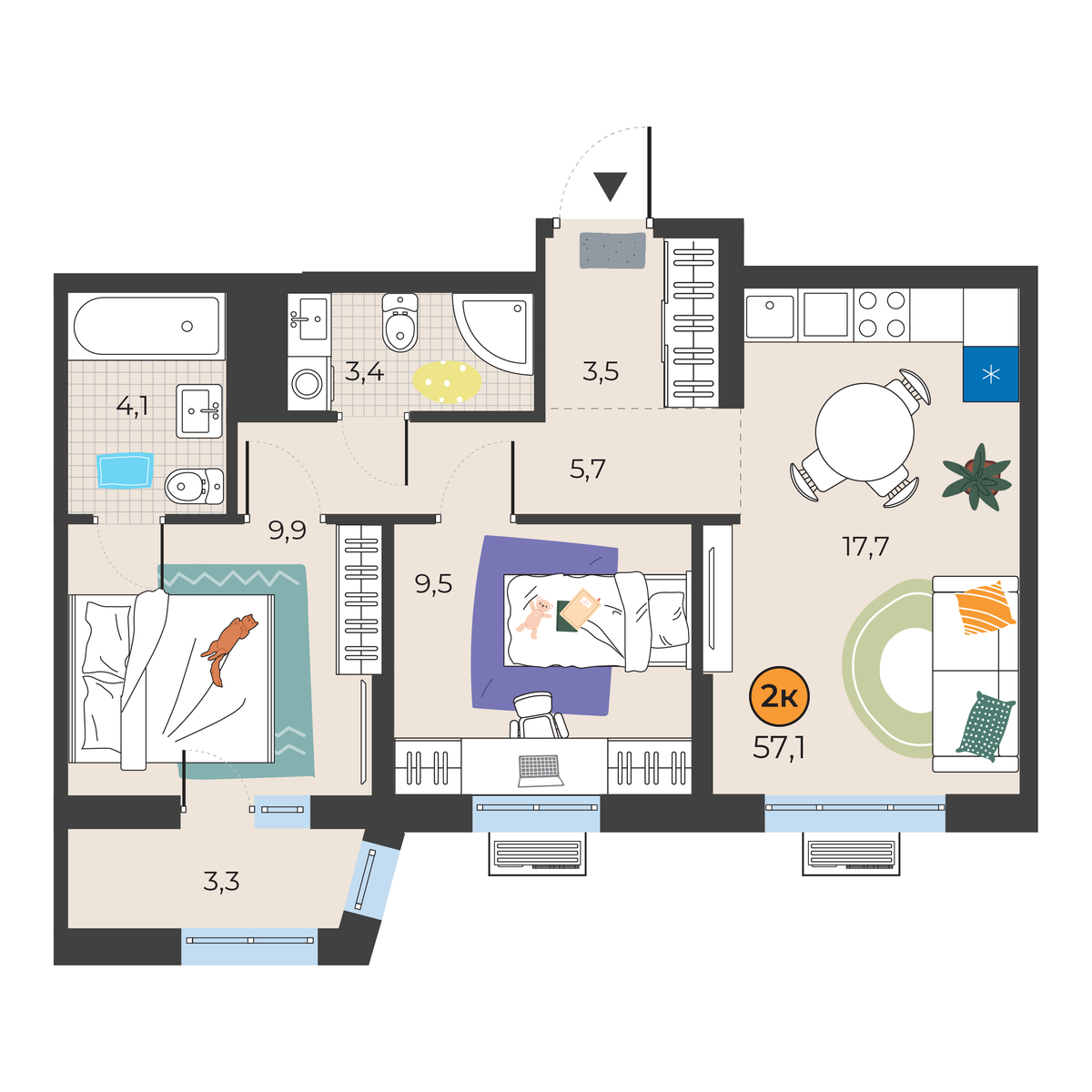 Планировка: Евротрешка 54.8 м² в ЖК Корней, Южный