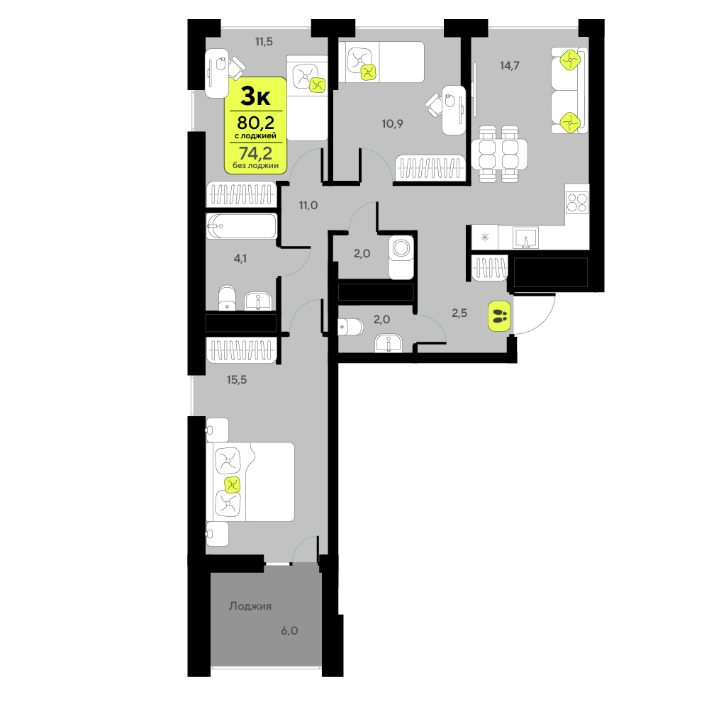 Планировка: 4-комнатная евро 80.2 м² в ЖК Мотивы, От Плеханова до Южного