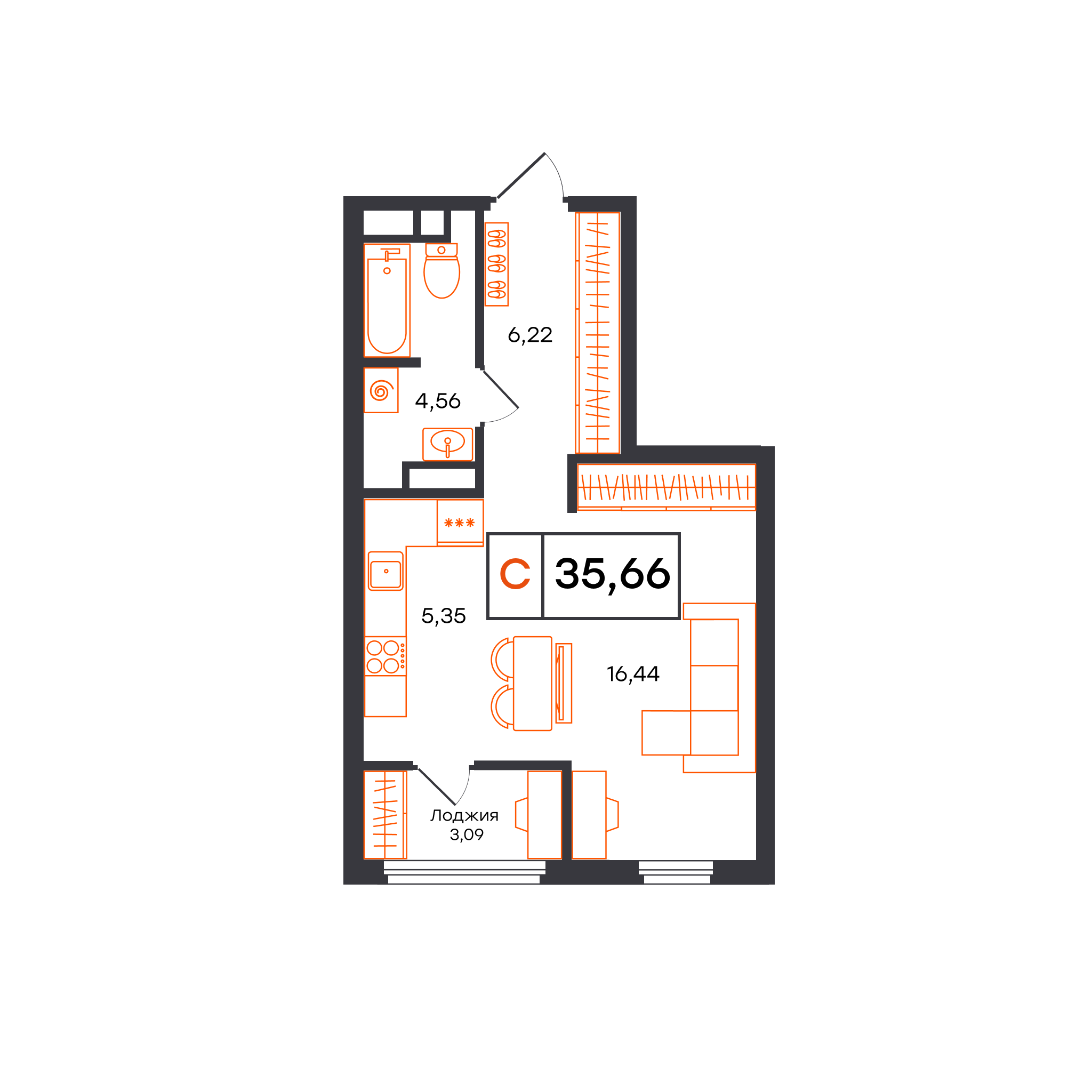 Планировка: Студия 35.7 м² в ЖК Отличие, Комарово Парк