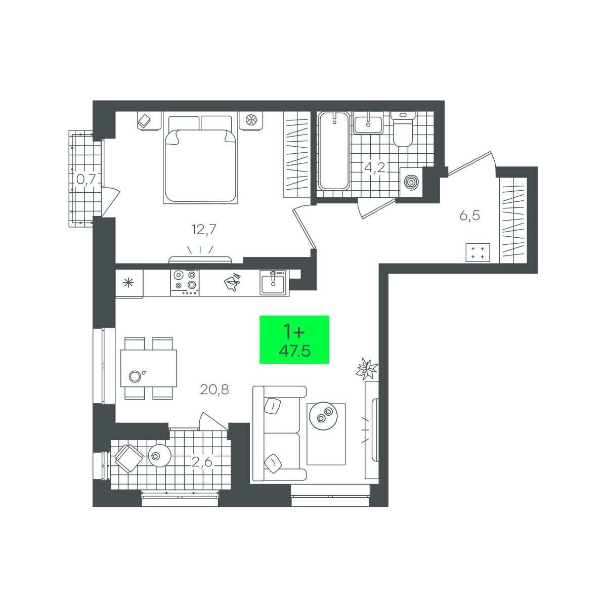 Планировка: Евродвушка 47.5 м² в ЖК Сезоны, От Слободы до Комарово парк