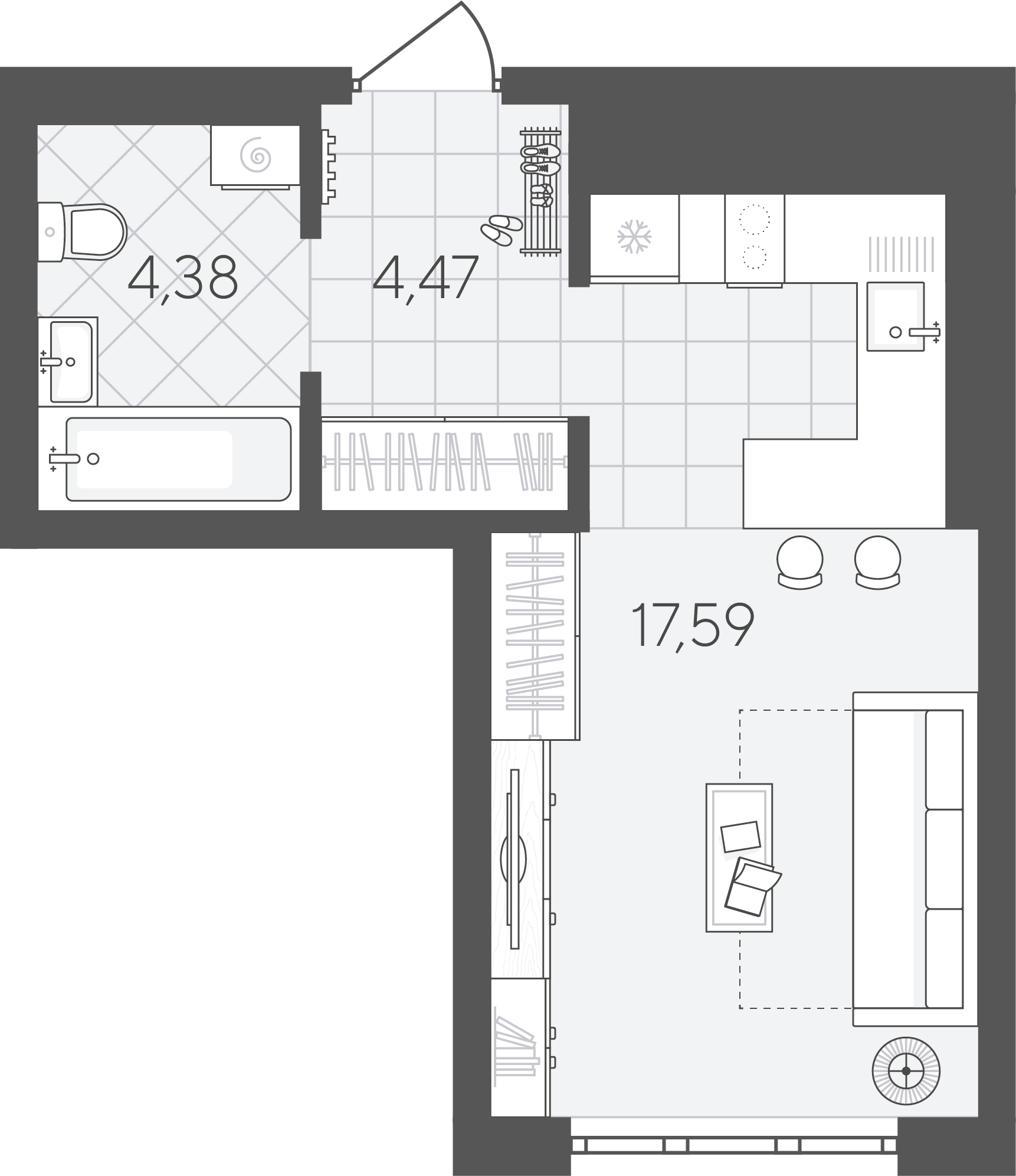 Планировка: Студия 26.4 м² в ЖК Скандиа. Квартал в Слободе, Тюменская слобода