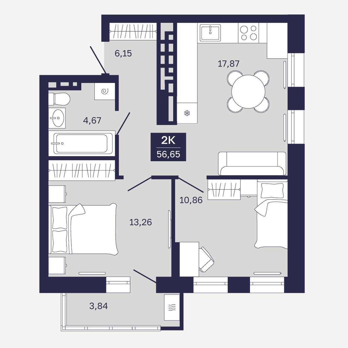 Планировка: Евротрешка 56.6 м² в ЖК Дом на Ямской, Дом Обороны