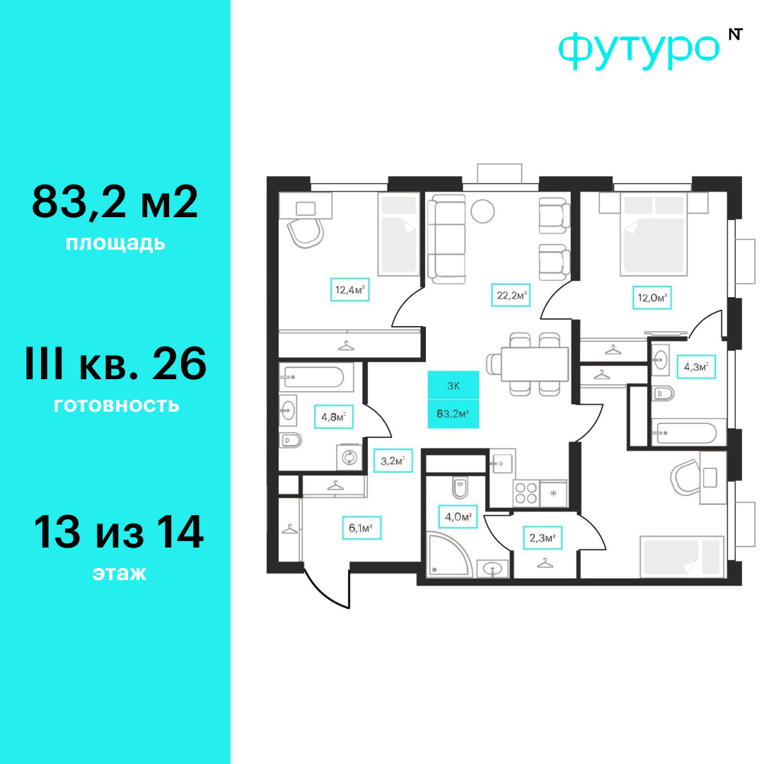 Планировка: 4-комнатная евро 83.2 м² в ЖК Futuro, Червишевский тракт