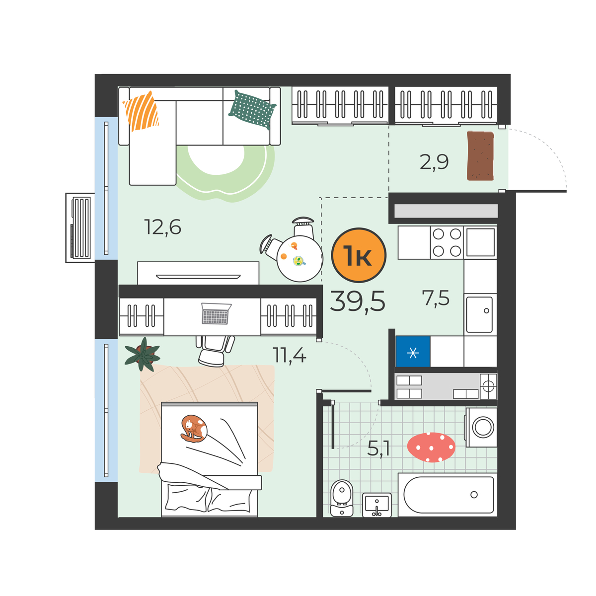 Планировка: Евродвушка 39.5 м² в ЖК Корней, Южный
