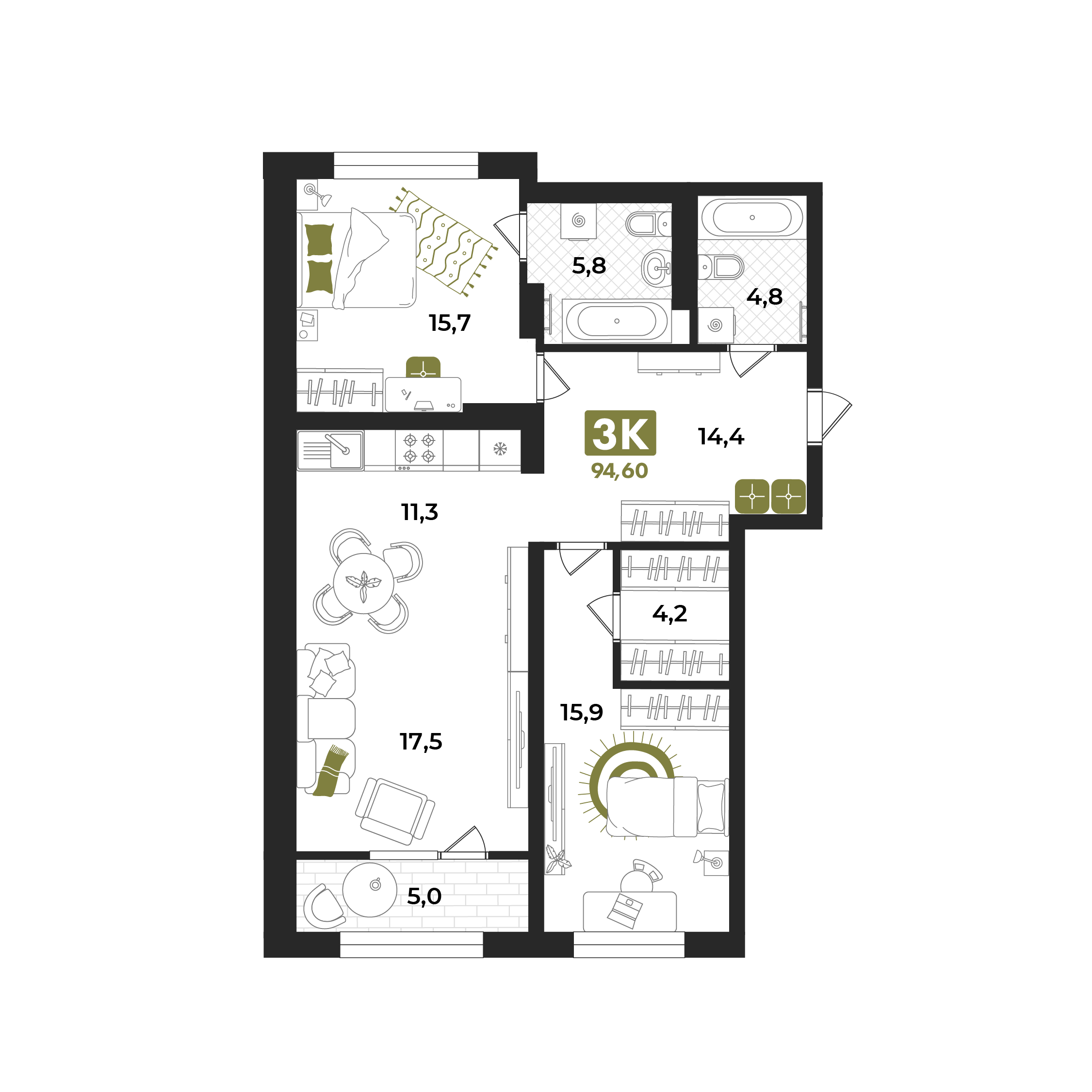 Планировка: Евротрешка 94.6 м² в ЖК Авторский проект "Опера", 5-й Заречный