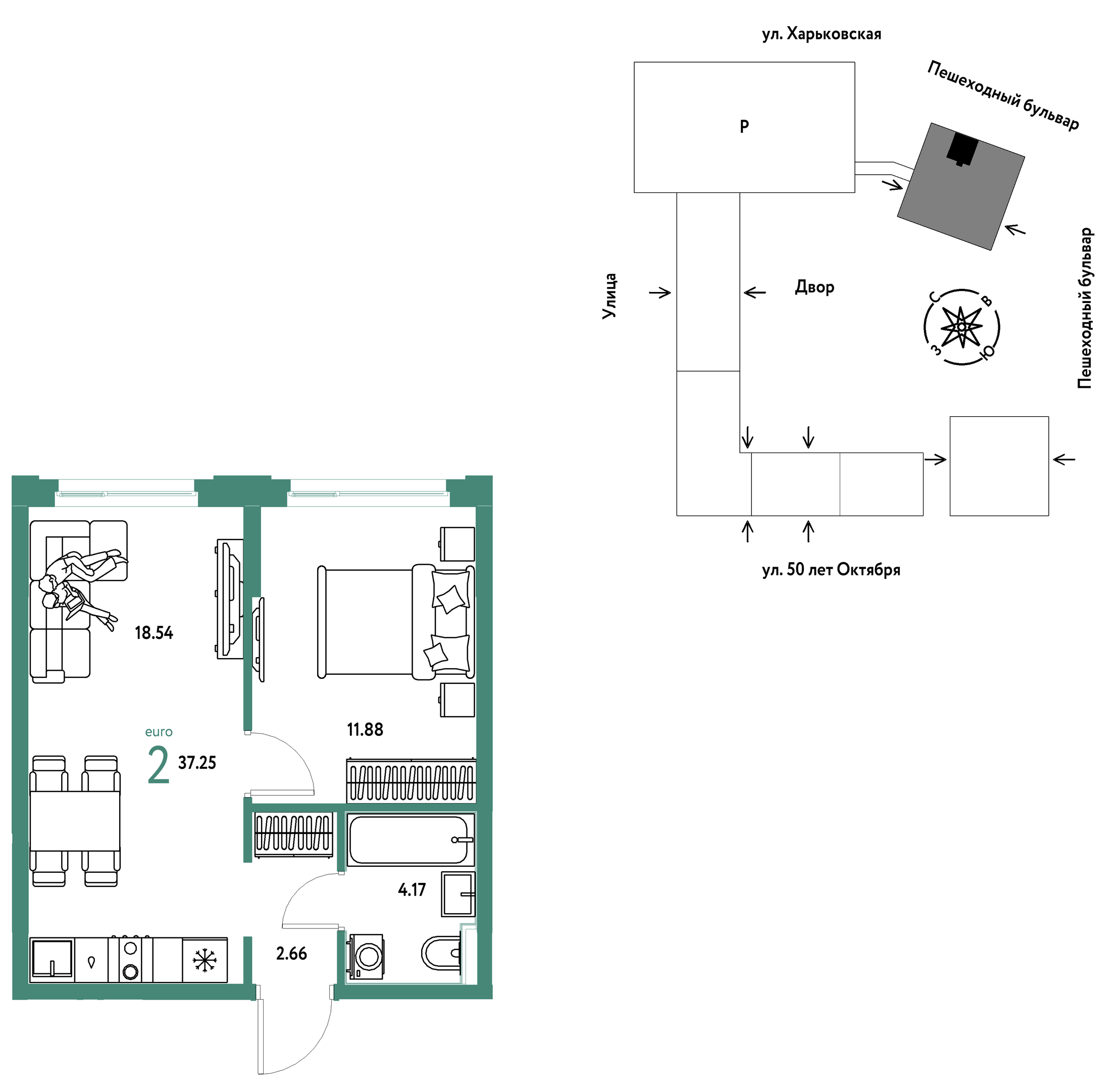 Планировка: Евродвушка 37.2 м² в ЖК Сердце Сибири, Центр: КПД