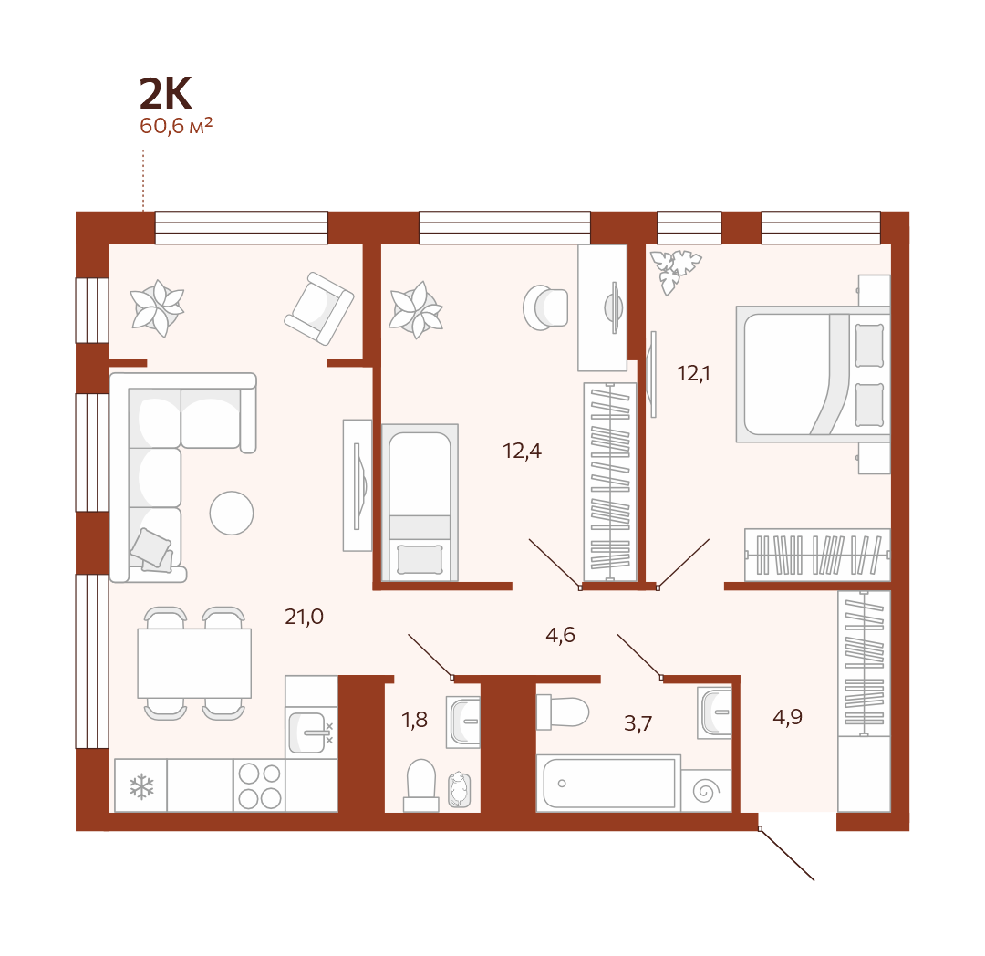 Планировка: Евротрешка 60.6 м² в ЖК Новатор, Центр: КПД