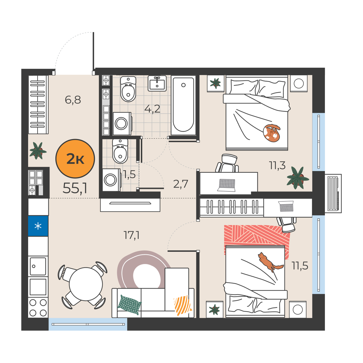 Планировка: Евротрешка 55.1 м² в ЖК Корней, Южный