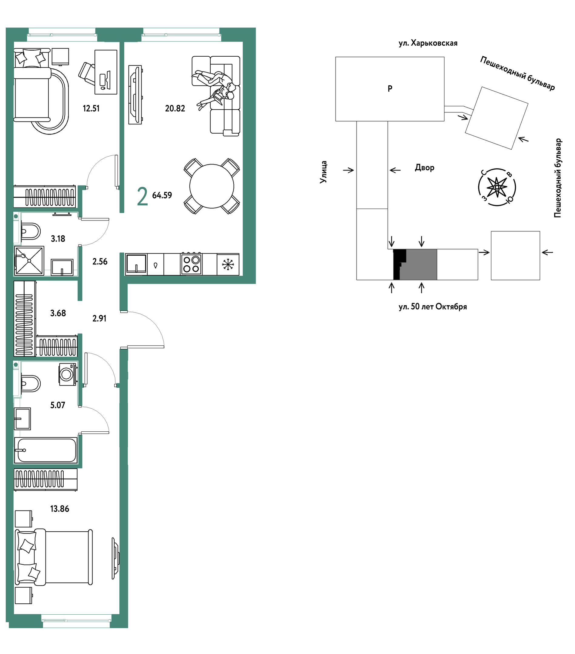 Планировка: Евротрешка 64.6 м² в ЖК Сердце Сибири, Центр: КПД
