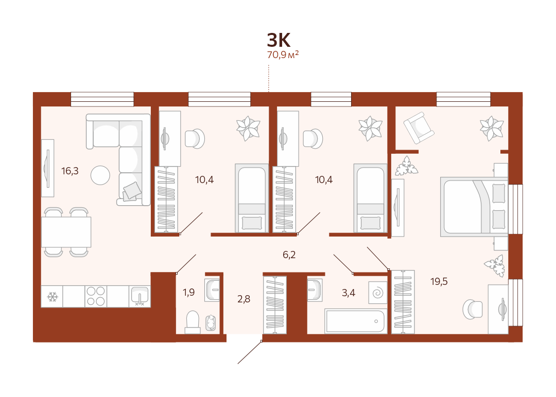 Планировка: 4-комнатная евро 70.8 м² в ЖК Новатор, Центр: КПД